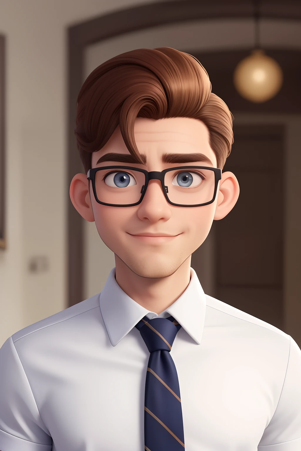 Um homem de 30 anos, com cabelos castanhos curtos,face de diamante, olhar rigoroso, e olhos castanhos, Wearing white white shirt with tie and glasses.