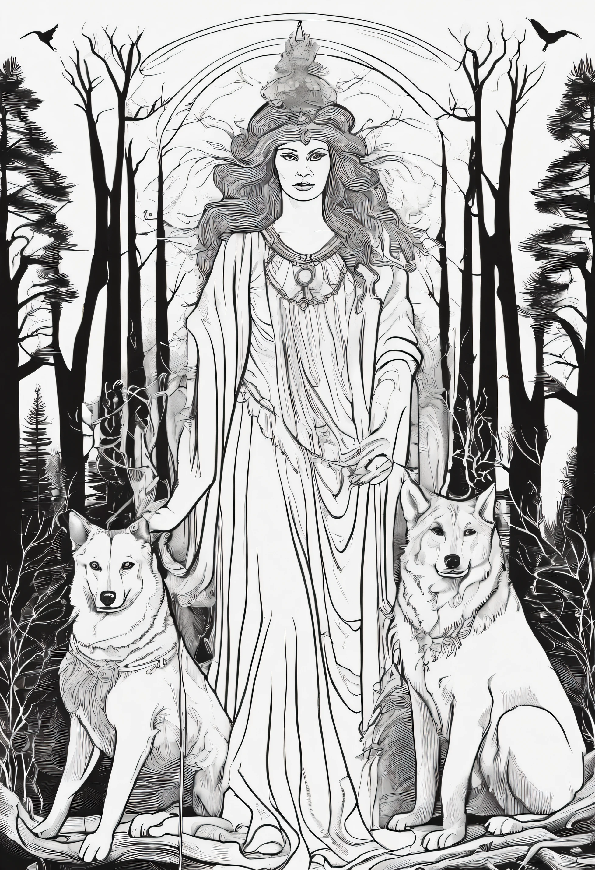 a picture of Goddess Hecate in dark woods and her dogs