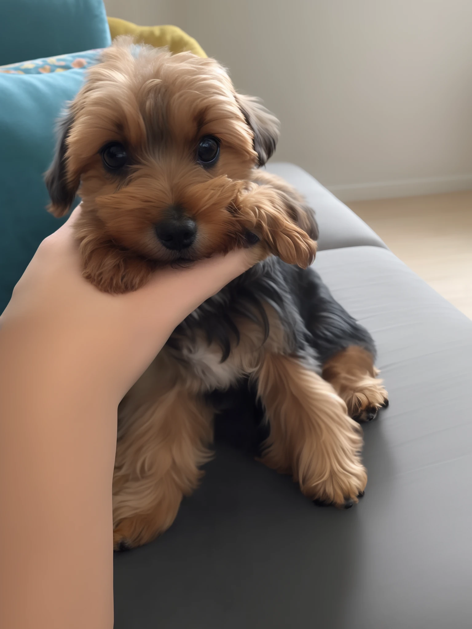 there is a small dog that is sitting on a couch, segurando seu Yorkshire Terrier, Yorkshire Terrier, segurando as patas, holding it out to the camera, staring directly at camera, aw, fofo e fofinho, apenas uma coisinha fofa, very cute features, extremamente fofo, olhar desleixado, muito realista, Close to the camera, Dog cute, staring directly at camera