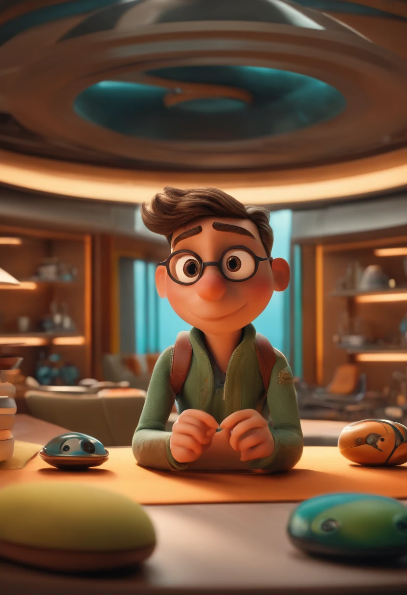 Um arquiteto de sonhos futurista, mas realista, inspired by Pixar animation, de perto. The character takes center stage with captivating facial expressions, oferecendo um toque de irrealidade.