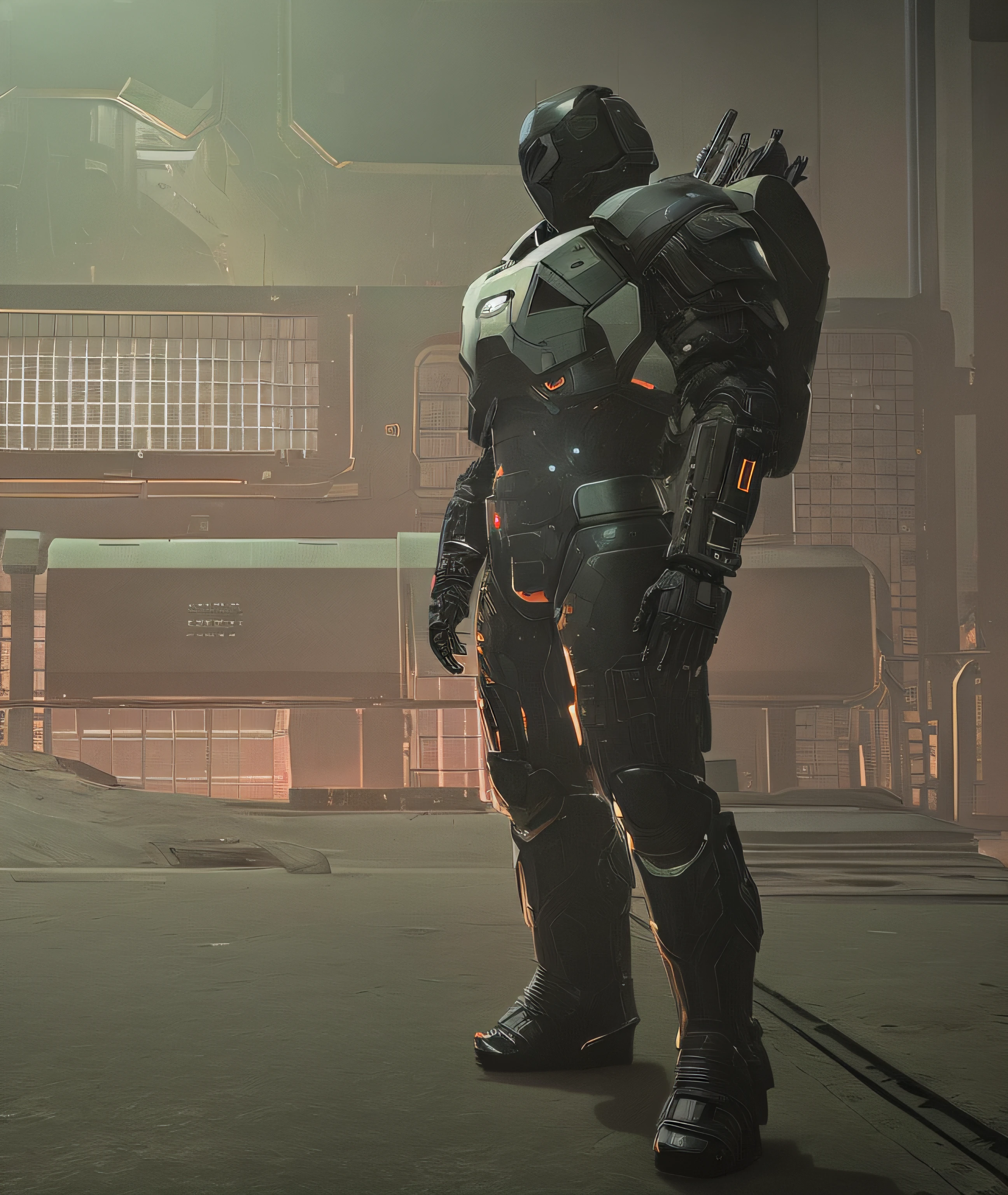 there is a man in a futuristic suit standing in a dark room, hardsurface armour, clothed in stealth armor, clothed in sci-fi military armor, in a dark space mercenary outfit, black heavy armor, discarded mechsuit in background, wearing techwear and armor, cybernetic fire armor, clothed in cyber armour