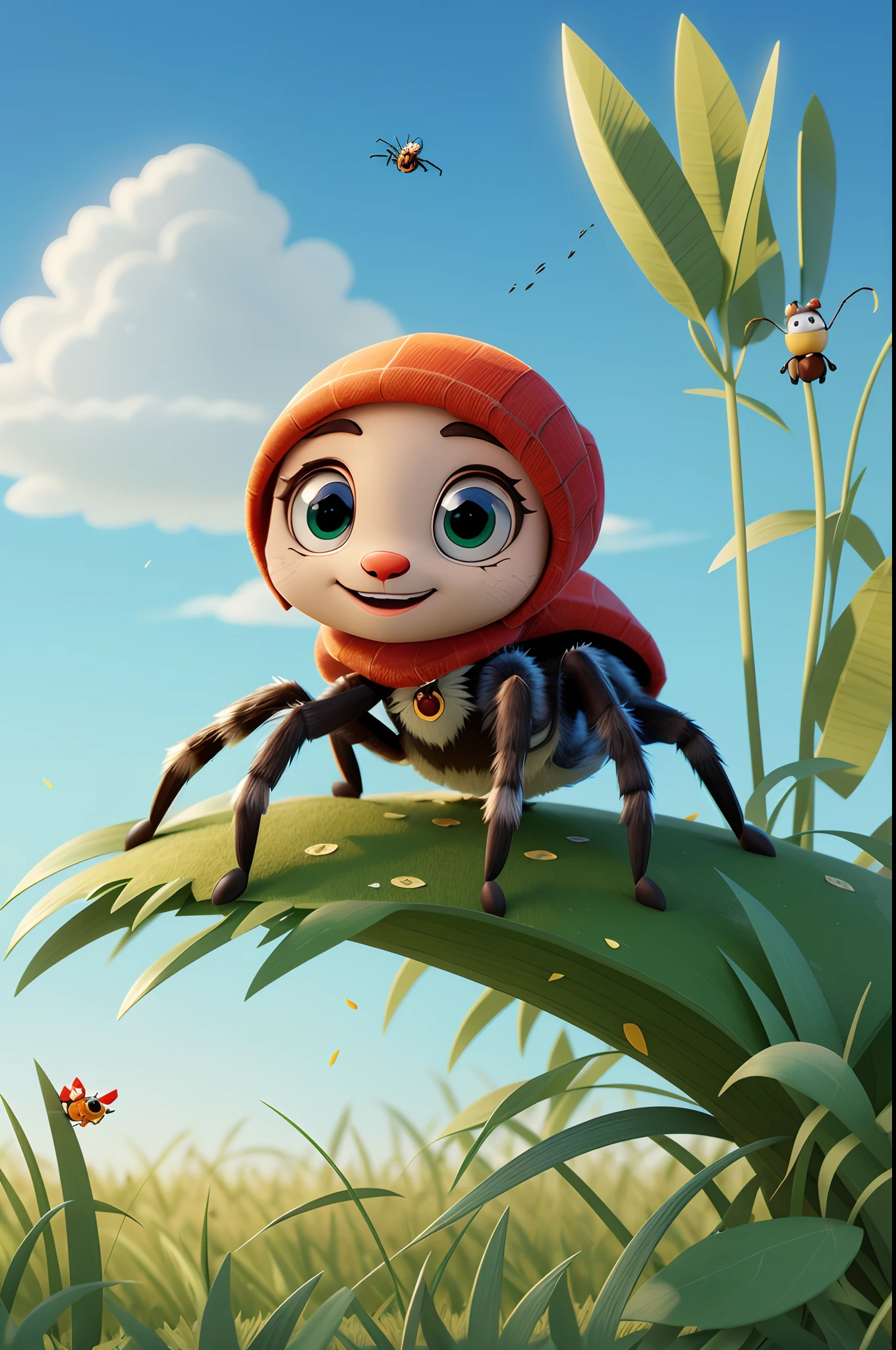Cartoon Spider, Sitting on a leaf in a field of grass, cute spider, adorable digital painting, cute 3 d render, cute cartoon character, stylized 3 d, cute detailed digital art, 3 d render stylized, childrens art in artstation, animated film, Cartoon render Keyshot, Cute digital art, animation character, stylized 3d render, Visualized art