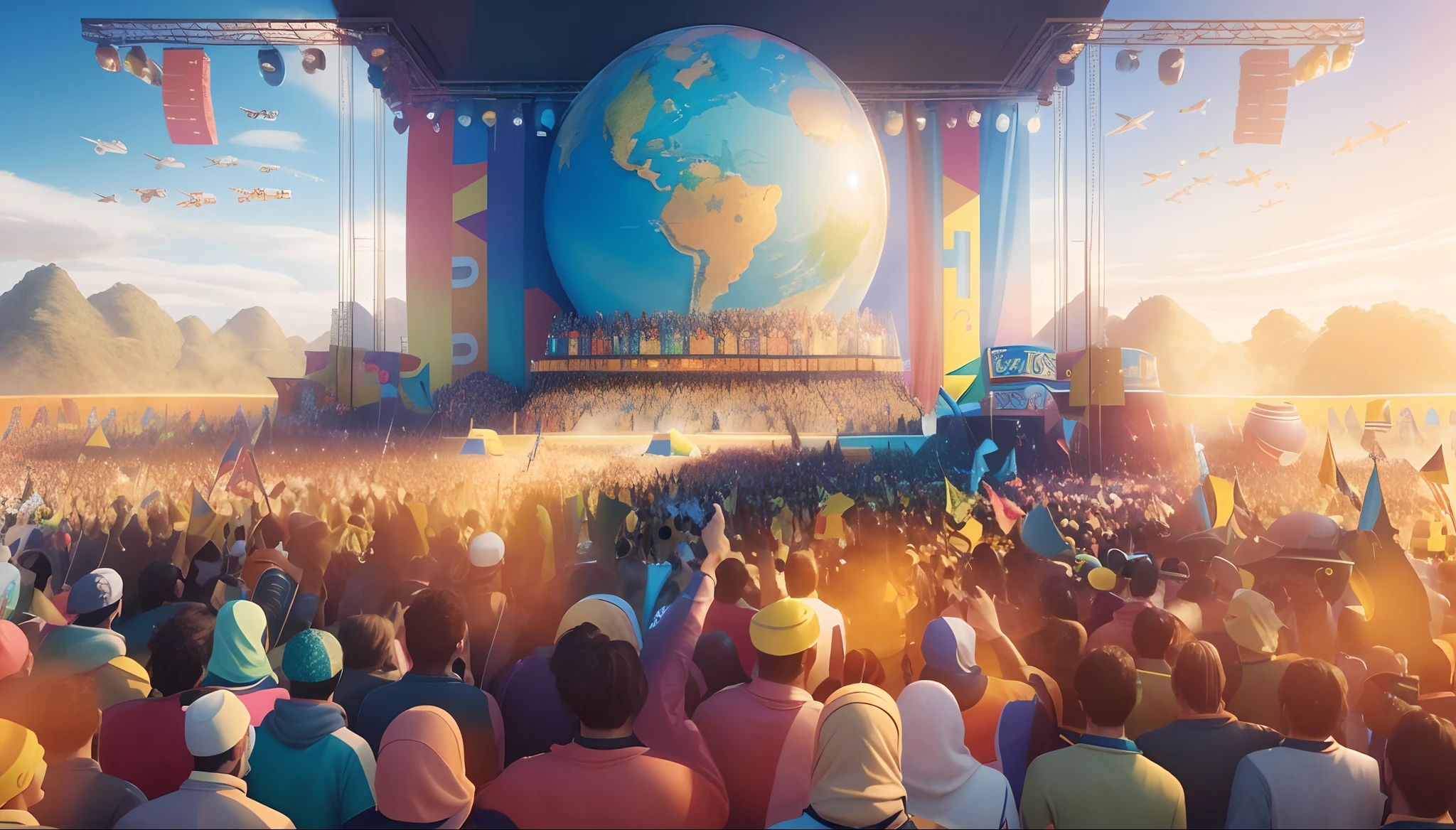 there are many people standing in front of a large globe, official illustration, official artwork, colorful, cheering crowd, giant cheering crowd, global illumination, in front of a large crowd, album art, 3 d render and matte painting, beeple global illumination, photoreal epic composition, 2k
