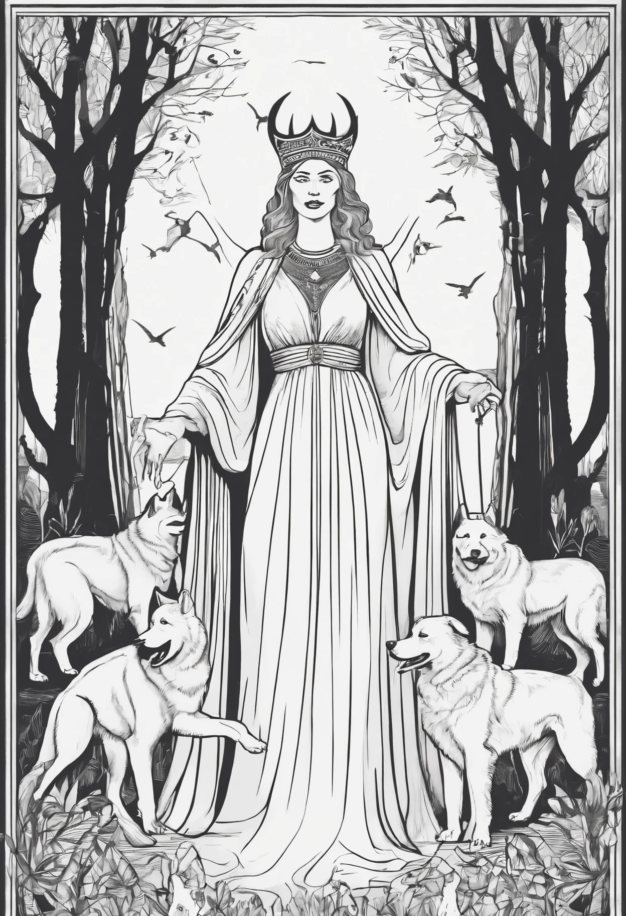a picture of Goddess Hecate in dark woods and her dogs