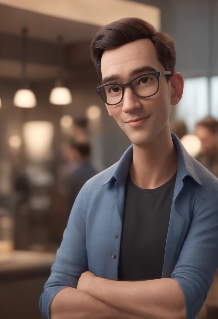 Cartoon character of a man wearing black glasses and a blue shirt, um personagem animado, Caractere estilizado, animation style rendering, 3D estilizado, Arnold Maya render, 3 d render stylized, toon render keyshot, Personagem 3D, Personagem 3D, 3d rendering stylized, 3 d character render, personagem de desenho animado, Personagem de close up, Pose de personagem, (Estilo Pixar) (master part:1.2) (Bokeh) (best quality) (pele detalhada) (textura detalhada) (8k) (argila) (Cinematic lighting) (foco nítido,Senta e vaza a parte superior do corpo