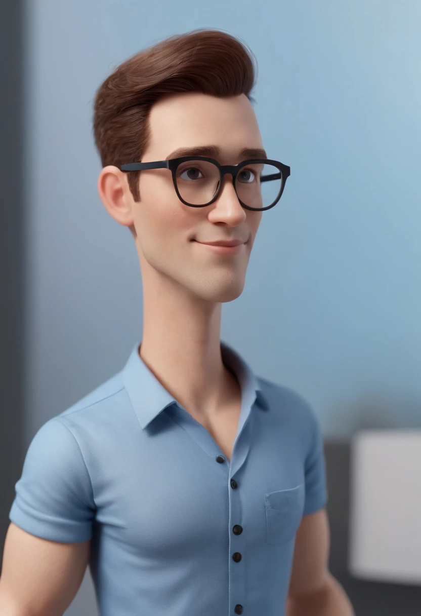 Cartoon character of a man wearing black glasses and a blue shirt, um personagem animado, Caractere estilizado, animation style rendering, 3D estilizado, Arnold Maya render, 3 d render stylized, toon render keyshot, Personagem 3D, Personagem 3D, 3d rendering stylized, 3 d character render, personagem de desenho animado, Personagem de close up, Pose de personagem, (Estilo Pixar) (master part:1.2) (Bokeh) (best quality) (pele detalhada) (textura detalhada) (8k) (argila) (Cinematic lighting) (foco nítido,Senta e vaza a parte superior do corpo
