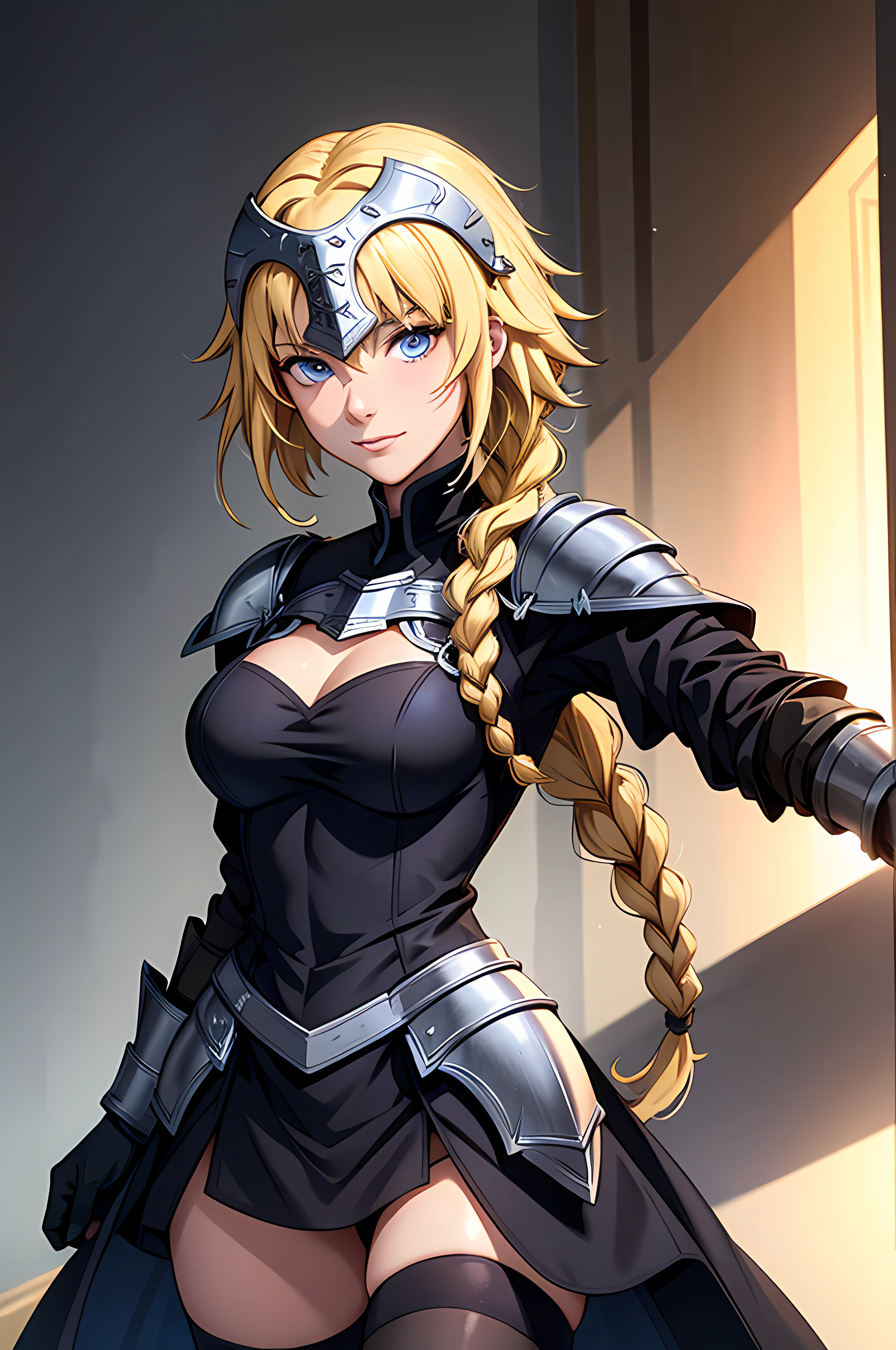 ((face portrait)), 1girl, solo, (masterpiece), best quality, expressive eyes, perfect face, jeannedarc, jeanne darc, blonde hair, blue eyes, long hair, armor, armored boots, armored dress, black gloves, black thighhighs, braid, dress, gauntlets, gloves, headpiece, blue dress, single braid, thighhighs, slight smile, character sheet, portrait, looking at the viewer, from frontal