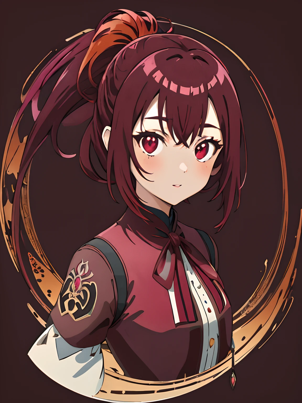 art nouveau of a girl, maroon ponytail, complex background, flying fish, (koi colors:1.2), (maroon theme color:1.2), (hex color #800000)