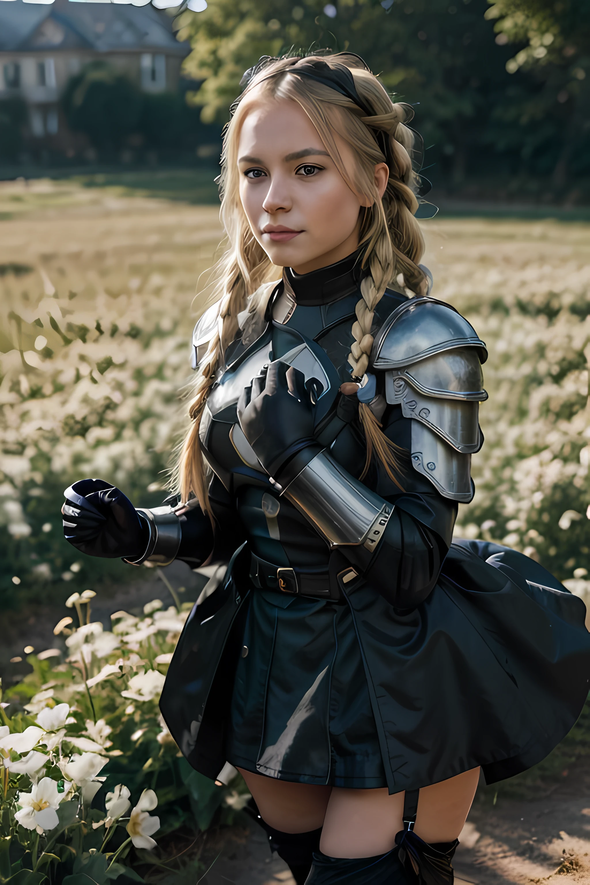 ((face portrait)), 1girl, solo, (masterpiece), best quality, expressive eyes, perfect face, jeannedarc, jeanne darc, blonde hair, blue eyes, long hair, armor, armored boots, armored dress, black gloves, black thighhighs, braid, dress, gauntlets, gloves, headpiece, blue dress, single braid, thighhighs, slight smile, flower field background, floating petals, portrait, character design sheet, looking at viewer,
