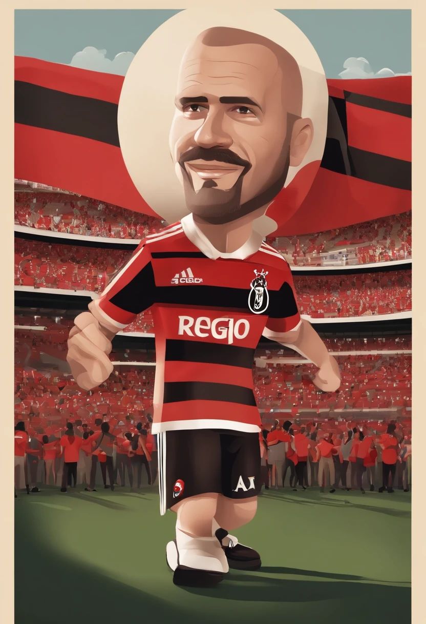 A 3D movie poster in Disney-Pixar style of a 42-year-old man, light-skinned, bald with a shaved head, sporting a stubble beard, weighing 80 kg, wearing a Clube de Regatas do Flamengo T-shirt, with a broad nose, small eyes, black eyes, standing, celebrating, small ears, in indirect light, at the Maracanã stadium, celebrating with the Clube de Regatas do Flamengo's fanbase, wrapped in the Clube de Regatas do Flamengo flag, holding a beer.