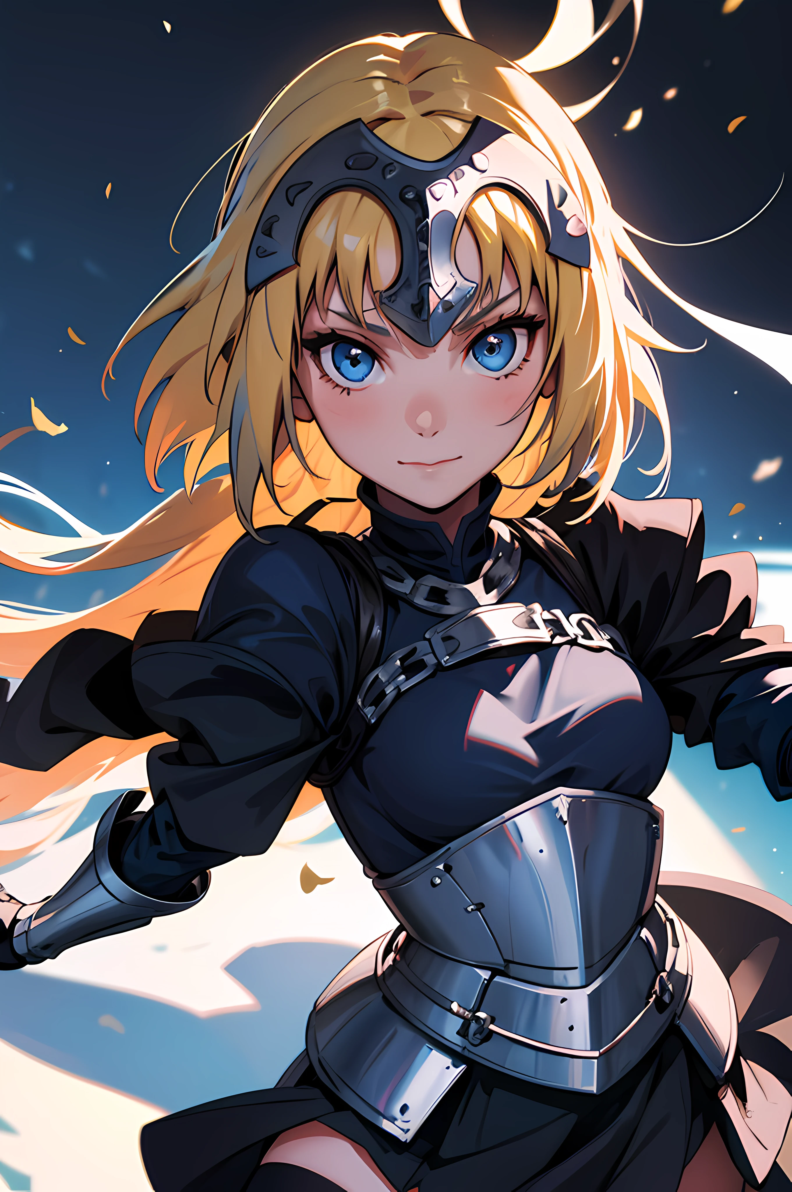 ((face portrait)), 1girl, solo, (masterpiece), best quality, expressive eyes, perfect face, jeannedarc, jeanne darc, blonde hair, blue eyes, long hair, armor, armored boots, armored dress, black gloves, black thighhighs, braid, dress, gauntlets, gloves, headpiece, blue dress, single braid, thighhighs, slight smile, character sheet,portrait, looking at the viewer, from frontal