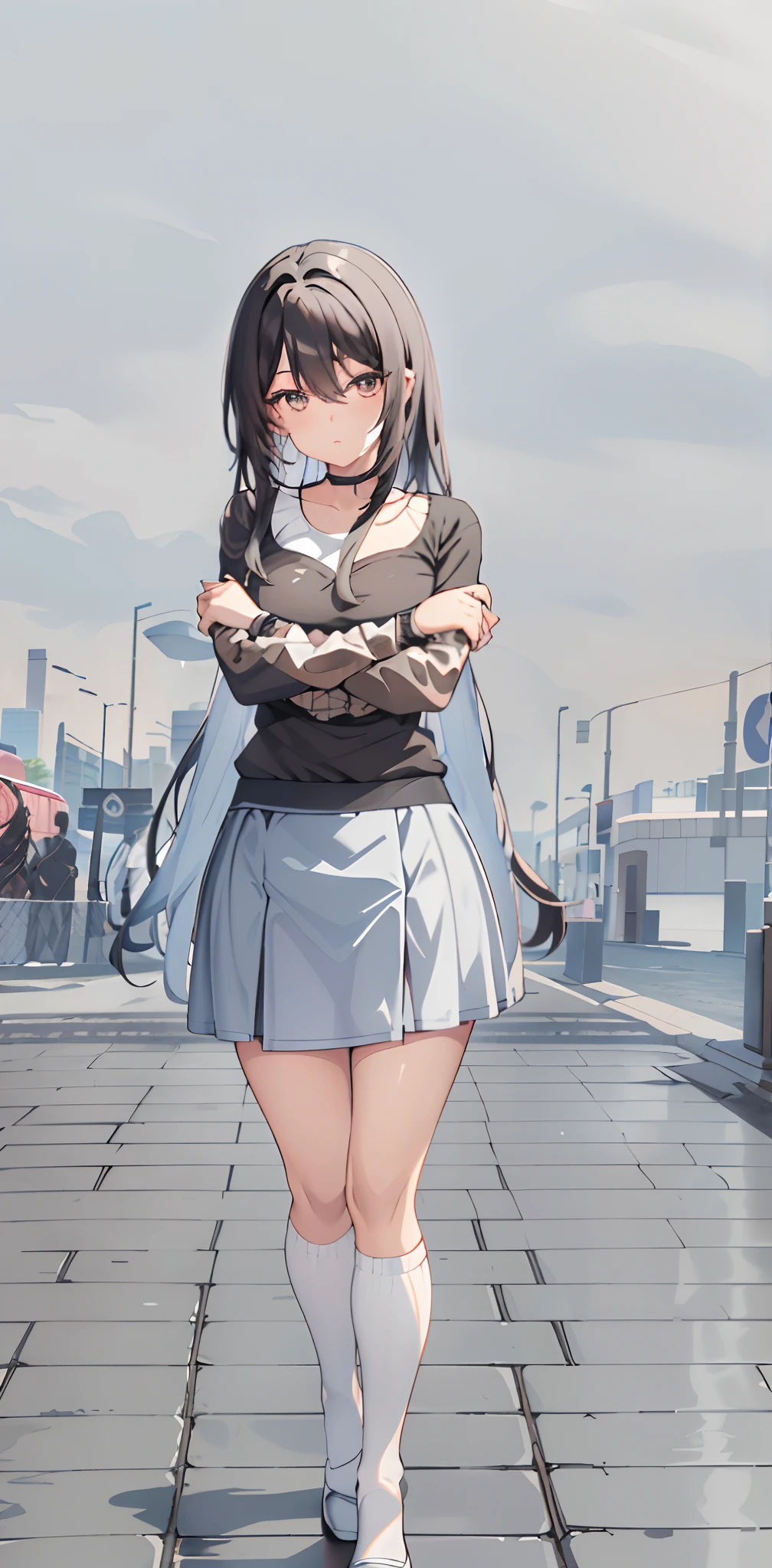 Anime girl in a short skirt and a black shirt walking down a sidewalk ...