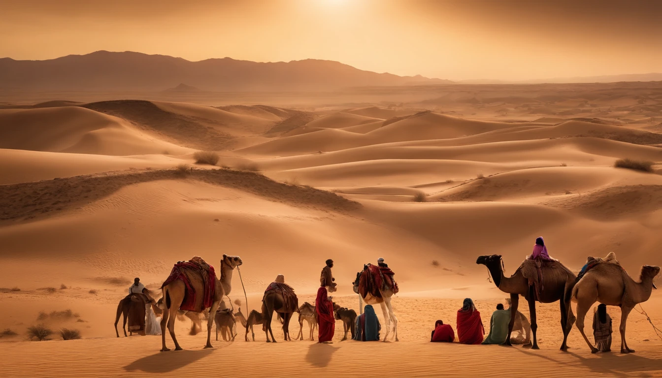 Crowd people 4000 years old with animals,cabra,vacas,bezerros,Camels children in the desert ,Highly detailed realistic epic,Adobe lightroom, photographic lab,dramatic light,cores diversas:1.2),(HDR:1.4) (detalhes intrincados:1.1)