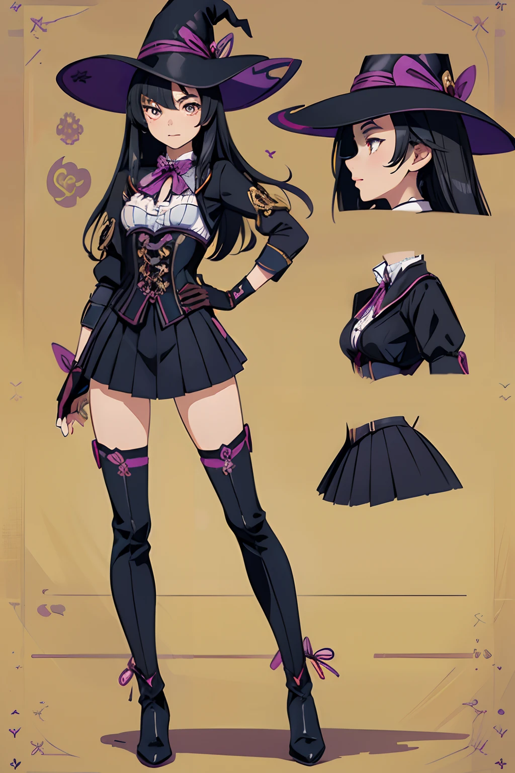 ((masterpiece)),(((best quality))),(Character design sheet, same character, same outfit ""body front view,), illustration, 1 girl in, long black hair , golden eyes, genshin impact style, purple magical girl style witch clothing, full body, hat, corset, blouse, skirt, thigh-tight stockings, leather boots and gloves, digital background, casting shadow.