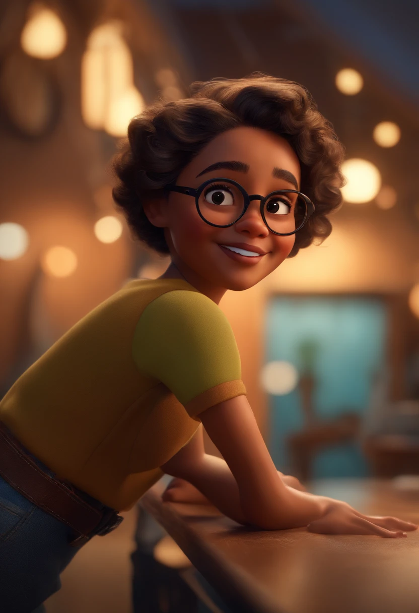 (best quality,4k,8k,highres,masterpiece:1.2),ultra-detailed,(realistic,photorealistic,photo-realistic:1.37),vibrant colors, Pixar style, curly short hair, brown skin, white glasses, dancing, Disney makeup, cute, smiling, close-up, fisherman, cinematic lighting