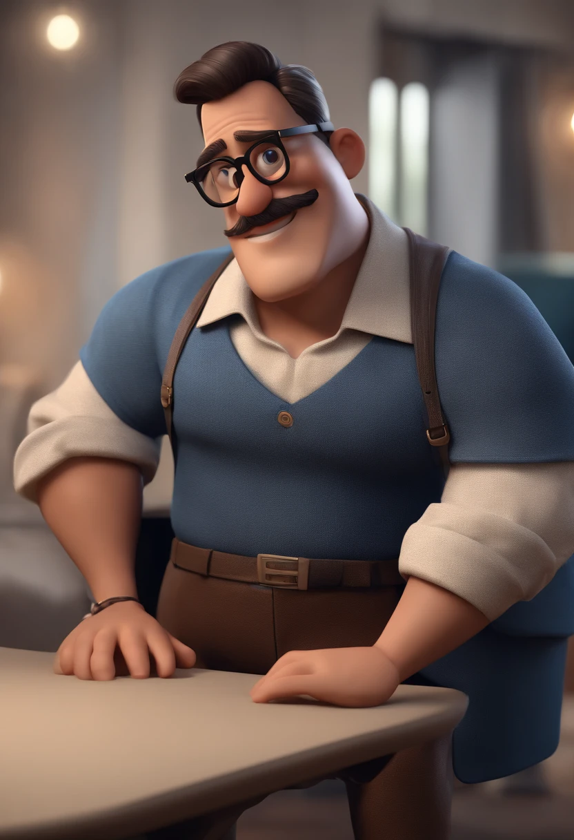 Cartoon character of a man with black glasses, calvo e uma camisa azul, animation character, Caractere estilizado, animation style rendering, 3D estilizado, Arnold Maya render, 3 d render stylized, toon render keyshot, Personagem 3D, Personagem 3D, 3d rendering stylized, 3 d character render, personagem de desenho animado, Personagem de close up, Pose de personagem,  (Estilo Pixar) (master part:1.2) (Bokeh) (best quality) (pele detalhada) (textura detalhada) (8k) (argila) (Cinematic lighting) (foco nítido