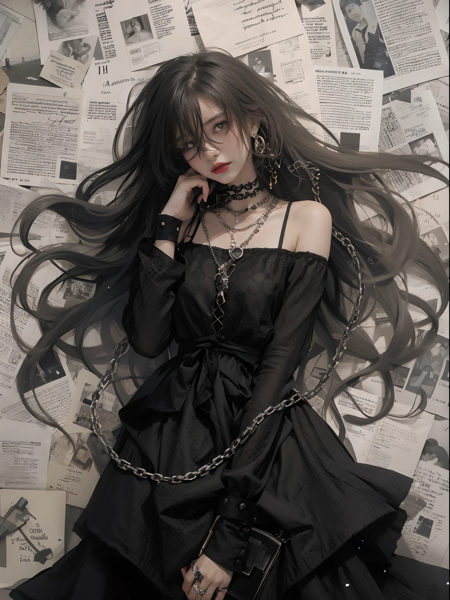 A woman in a gothic black dress, in the style of yuumei, magenta, neck wrapped in steel chains, obvious brushstrokes, clear brushstrokes, story-filled picture, old newspaper stacked paneled background, newspaper elements, pattern, long black hair, galactic eyes, dazzling light, special effects, line drawing, needle pen technique, charcoal brush strokes, clear details, master work
(masterpiece), realistic, HDR, highly detailed, 8k, original photo,
Ambient occlusion, nature, harmonious composition, cool colors, fine art photography,