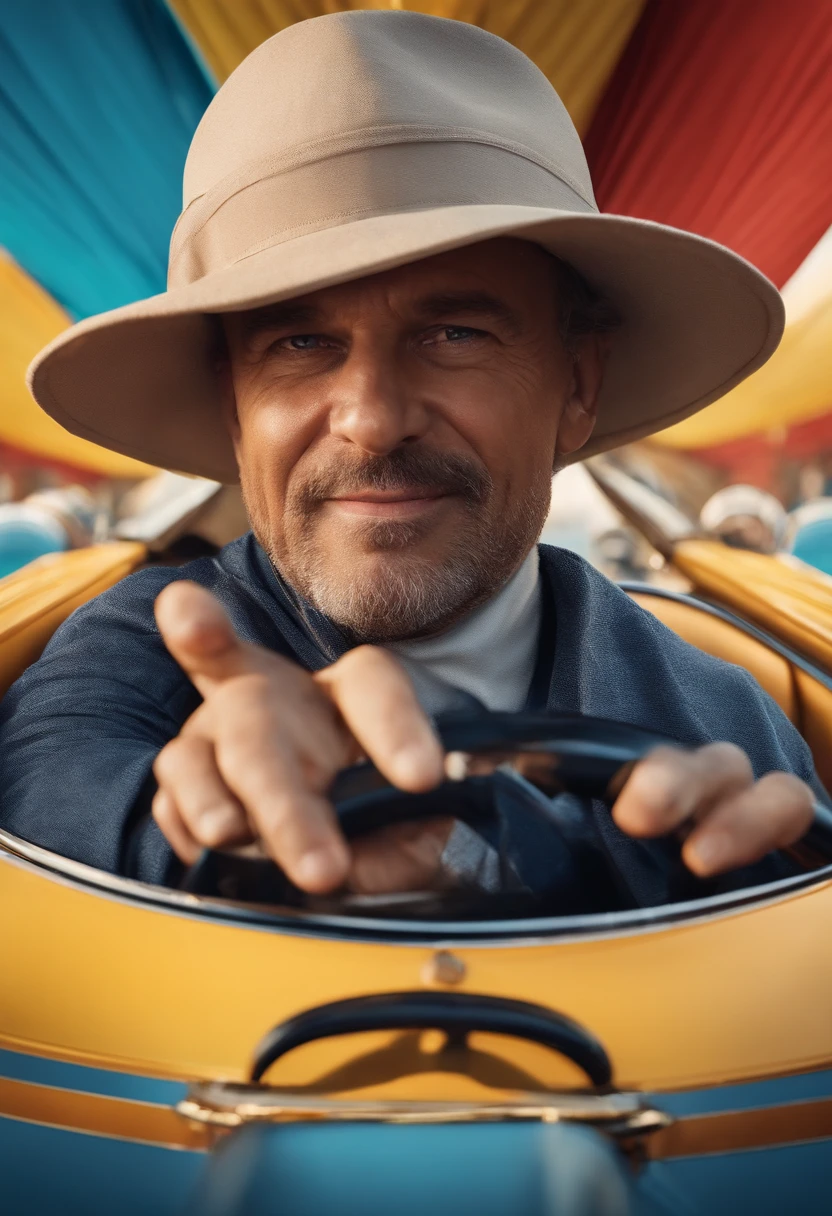 A 3D movie poster in Disney-Pixar style of Homem em um carro com capuz, a picture inspired by Ernő Bánk, instagram, Tachisme, Homens de 45 anos, Homem de 4 0 anos, Fotografia selfie 8k, Homem de 5 0 anos, ele tem cerca de 40 anos, ele tem cerca de 4 0 anos de idade, 38 anos
