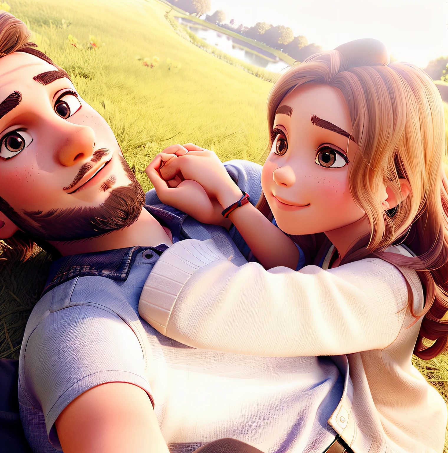 two young couples lying on a park lawn, with a pond in the background
the boy has a beard