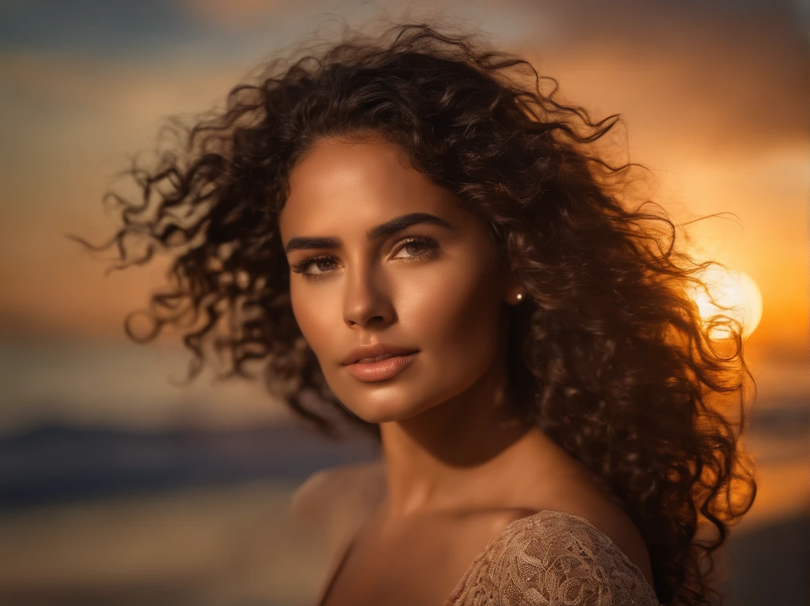 Ultra-realistic photography with 8k resolution. Retrato de una hermosa modelo mexicana con piel bronceada, ojos oliva, sensual cuerpo completo con caderas grandes, Paseando por la playa frente al mar. Su largo, Curly hair is split open. Una luz dorada rodea la escena, warm tones.