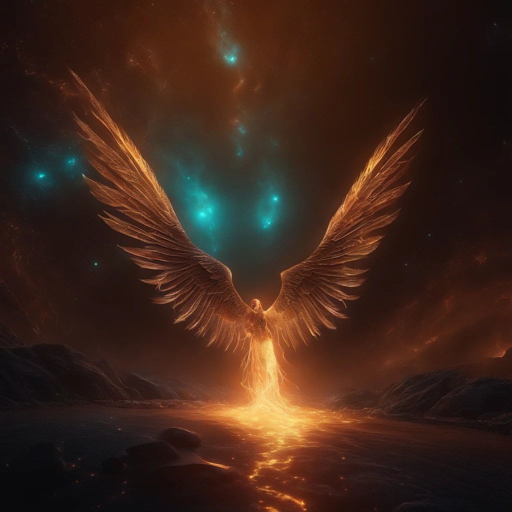 Fallen Angels of the Universe, glowing light eyes, biomechanical, eery, creepy, nightmarish, Very bright colors, light Particle, with light glowing, Musif, Wallpaper Art, UHD Wallpapers