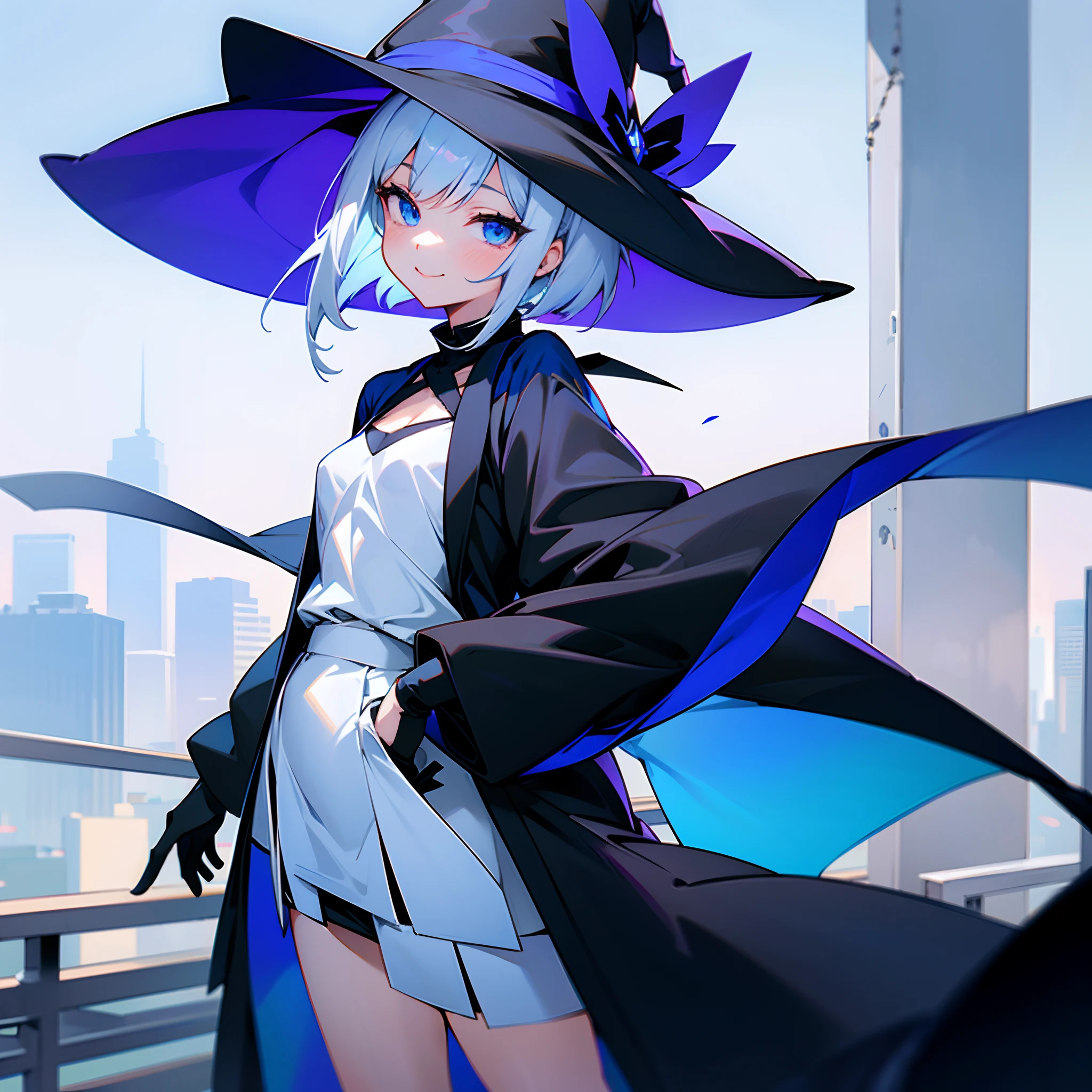 I am on the roof of a building where I can see the night view of Tokyo at midnight、White medium shorthair with blue-purple mesh、Looking at me with a smile、Black sneakers with white shoelaces、Large black witch hat with sapphire accessories、Blue eyes with highlights、Crisp and slightly pinched eyes、27-year-old woman with small breasts、small tits、Small、discreet breasts、Looking at me with a smile、Black long coat、Black Midi Skirt、White inner camisole、white t-shirt、hiquality、Fine writing、High Details