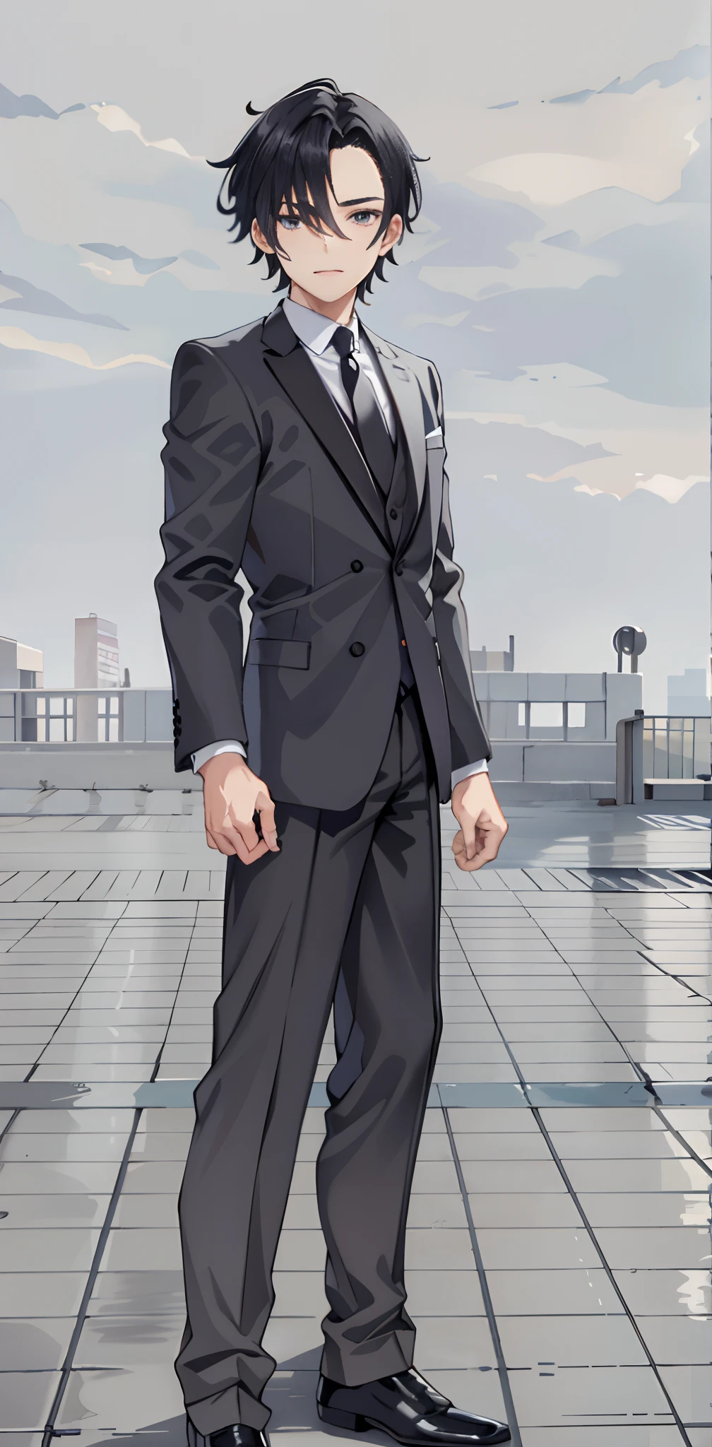 1chico, de cabello medio corto, traje elegante negro, black pant, ojos azules, parado,