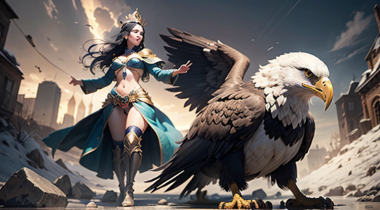 shaman girl, long legs. full colours In stone Valley. Big feathers, sensual