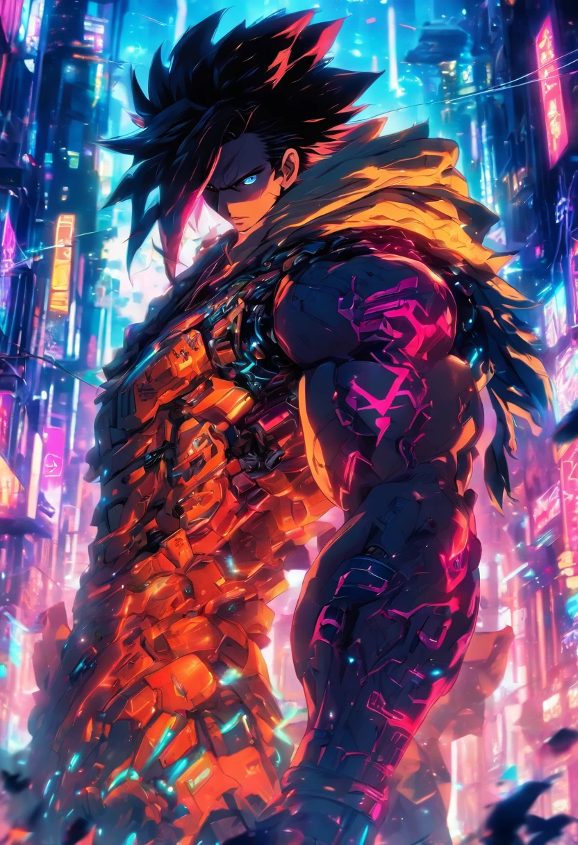 (best quality,Altas,ultra-detalhado,Realistic:1.2), Male with robotic arms wearing sleeveless hoodie, olhos castanhos, Rabo de cavalo marrom, crackling energy, barba clara, conceito futurista, vivid colors, glowing neon lights, impressive physique, postura poderosa, estilo cyberpunk, textura do metal, ambiente industrial, fundo da paisagem urbana