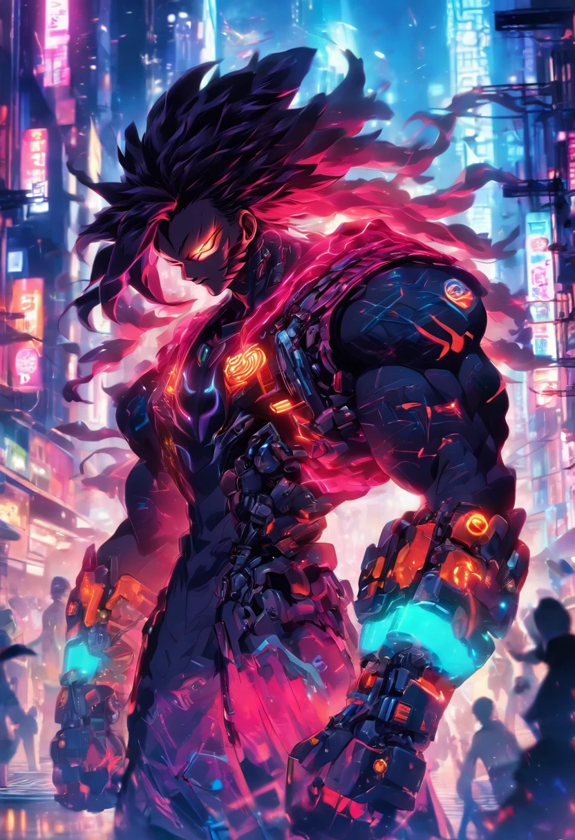(best quality,Altas,ultra-detalhado,Realistic:1.2), Male with robotic arms wearing sleeveless hoodie, olhos castanhos, Rabo de cavalo marrom, crackling energy, barba clara, conceito futurista, vivid colors, glowing neon lights, impressive physique, postura poderosa, estilo cyberpunk, textura do metal, ambiente industrial, fundo da paisagem urbana