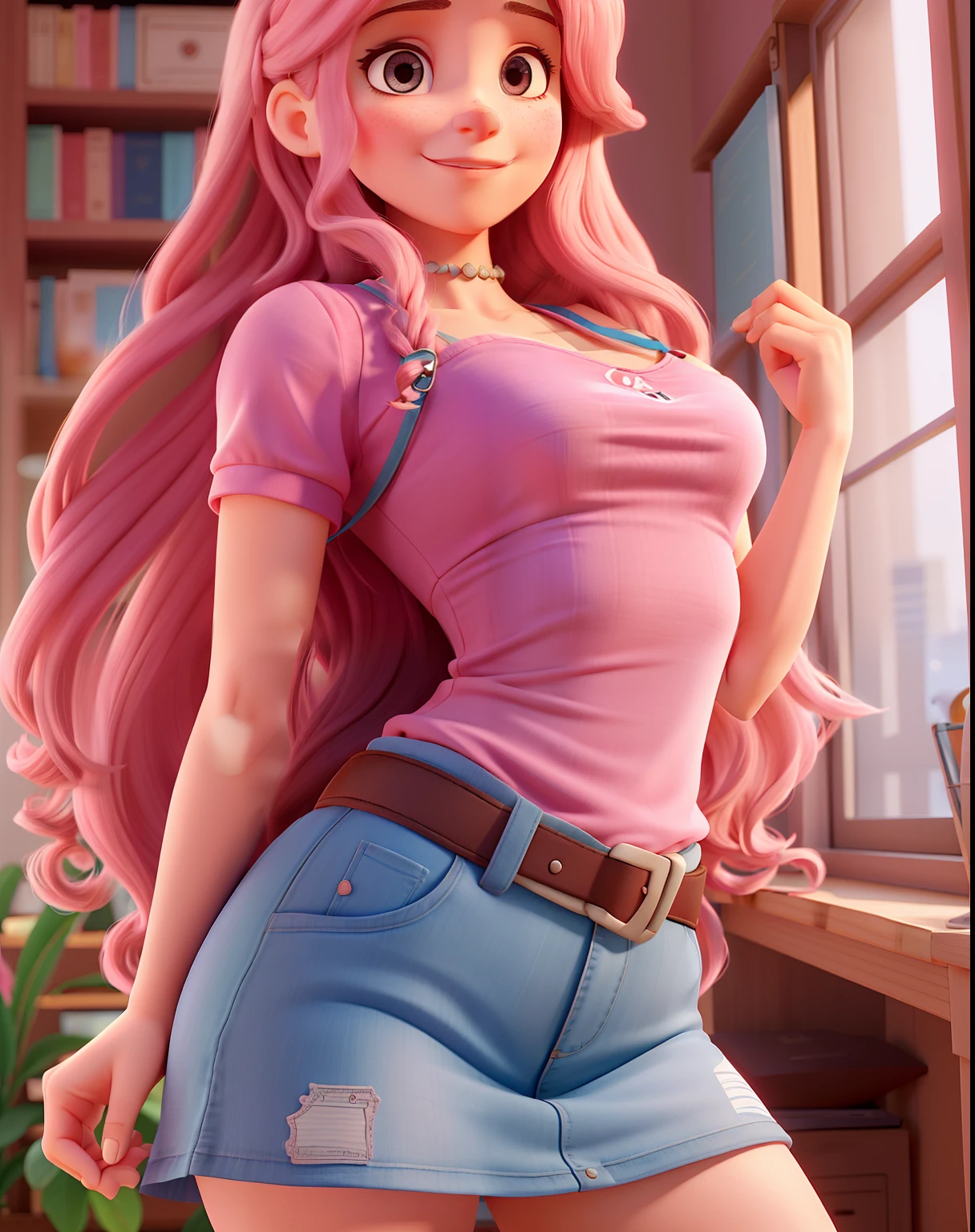 A young woman of apparently 32 years old, with long hair down to her waist, olhos cor de mel e grandes, bocacarbuda e rosada, bochechas rosadas, contra o pano de fundo de uma biblioteca