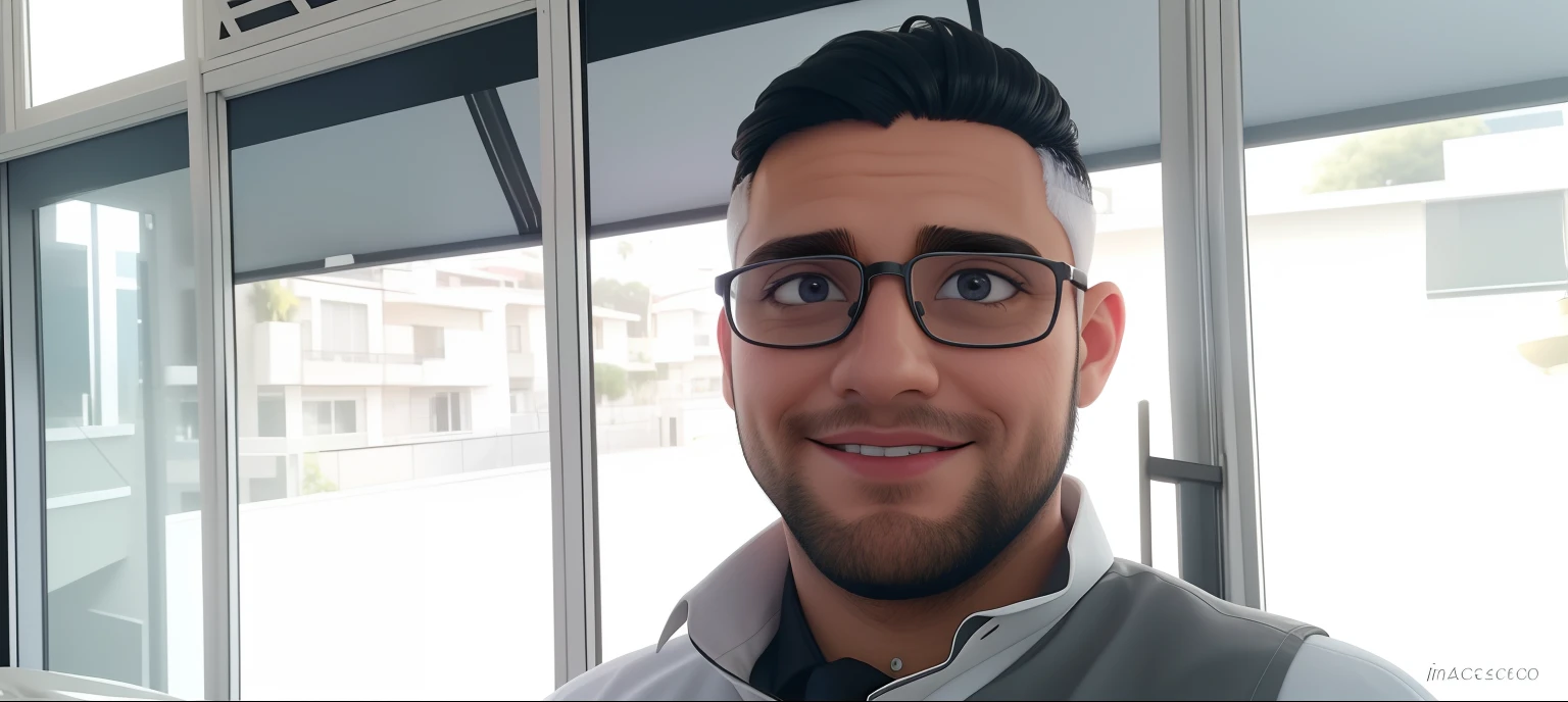 Um homem de 30 anos, com cabelos castanhos curtos,face de diamante, olhar rigoroso, e olhos castanhos, Wearing white white shirt with tie and glasses.