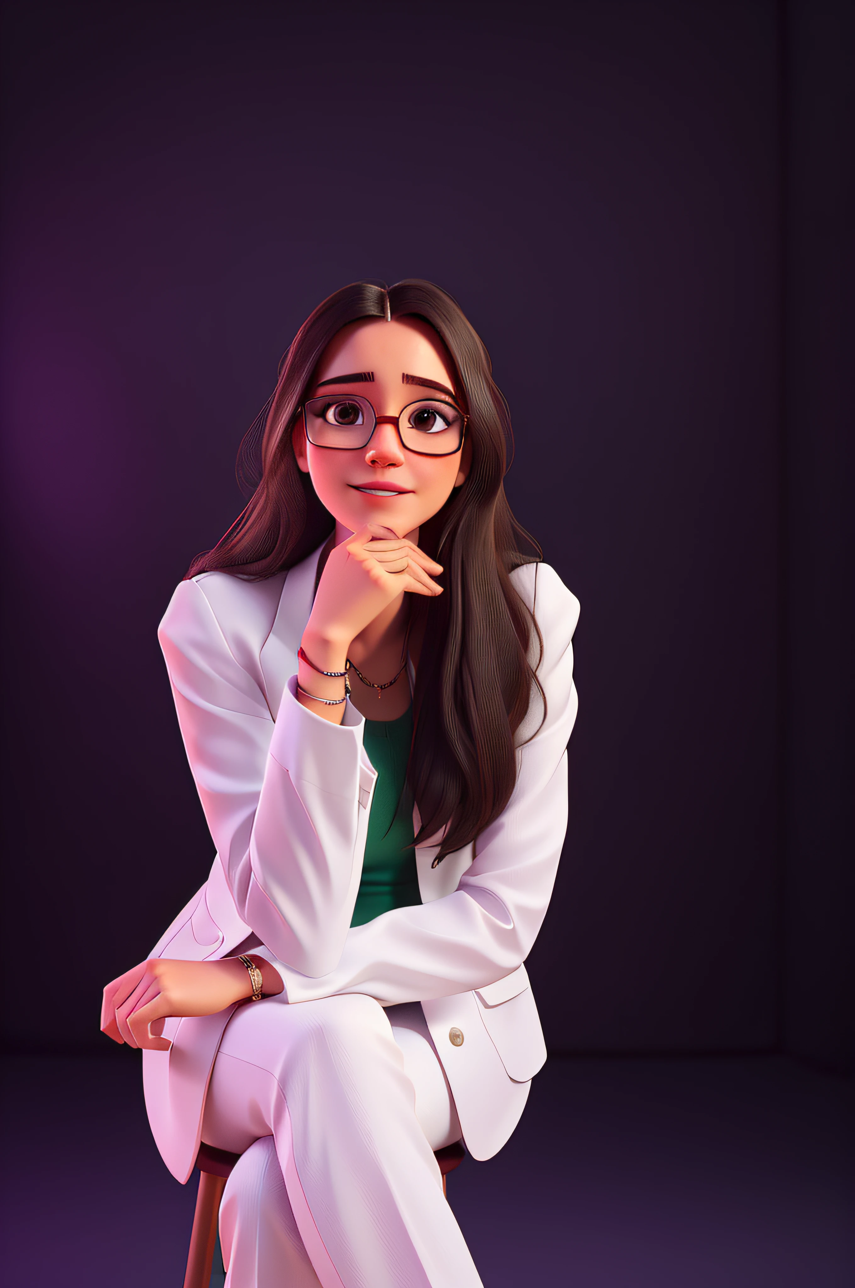 Arafed woman in a white suit and glasses sitting on a red chair, wearing lab coat and glasses, vestindo jaleco e blusa, wearing white suit and glasses, Retrato de uma patologista, foto profissional bem iluminada, foto retrato profissional, retrato profissional, fotografia de retrato profissional, studio portrait photo, professional studio photography, imagem retrato, foto de retrato