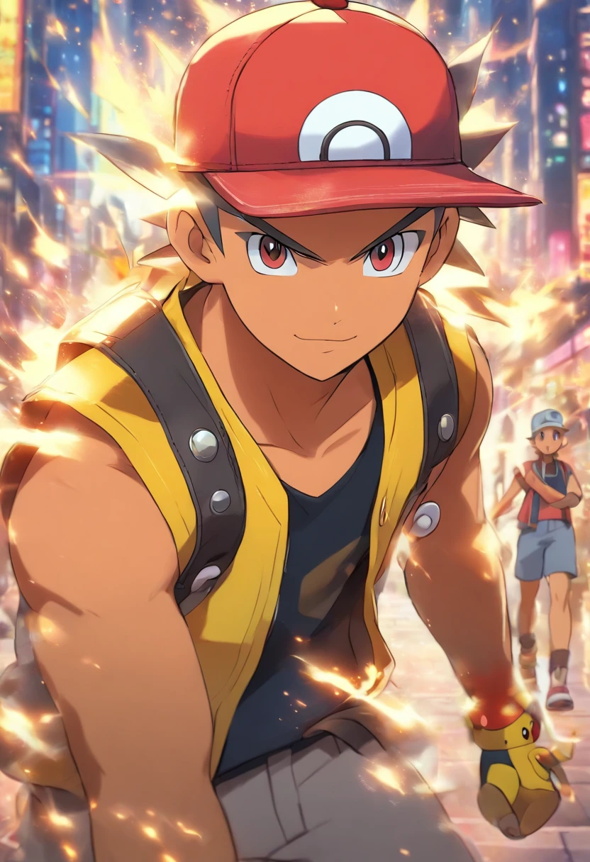 A cartoon of a man in a baseball cap and vest, ketchum cinza, pokemon trainer, Arte Oficial, estilo de anime pokemon, imagem de anime safebooru, Otaku Gangasta, arte oficial do personagem, 2 d estilo anime, estilo anime", inspirado em Junpei Satoh, Pikachu como um humano, pokemon trainer outfit, arte oficial, como um personagem de anime, personagem de anime