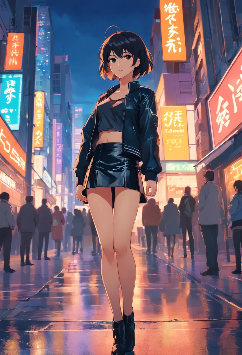 Anime girl standing on city street in leather skirt and black erotic lingerie, Ilya Kuvshinov de cabelos compridos, Arte estilo Guviz, Anime Art Wallpaper 8K, Guvitz at Pisif Art Station, Guwiz at Pisiv art station, arte de anime cyberpunk