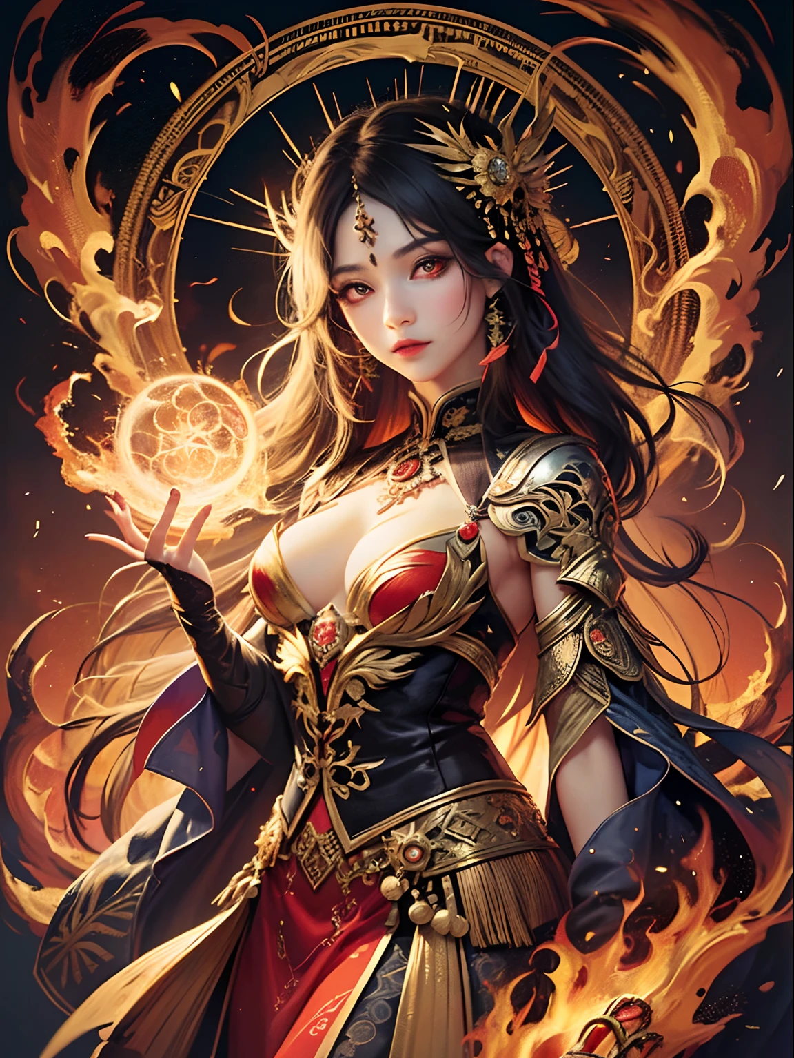 Official art, 统一 8k 壁纸, ultra-detailliert, Beautifully Aesthetic, masterpiece, top-quality, (Zentangle, a Mandala, Tangles, Entanglement), (Fractal Art: 1.3), 真实感, (masterpiece, top-quality, top-quality, Official art, beauty and aesthetic: 1.2), ighly detailed, Fractal Art, colourfull, best detailed, Zentangle, (Abstract background: 1.5)(1womanl: 1.3), Deities々, (red eyes glowing), Mystical, (Fire magic)、Yellow Spring Hell, Flamebird