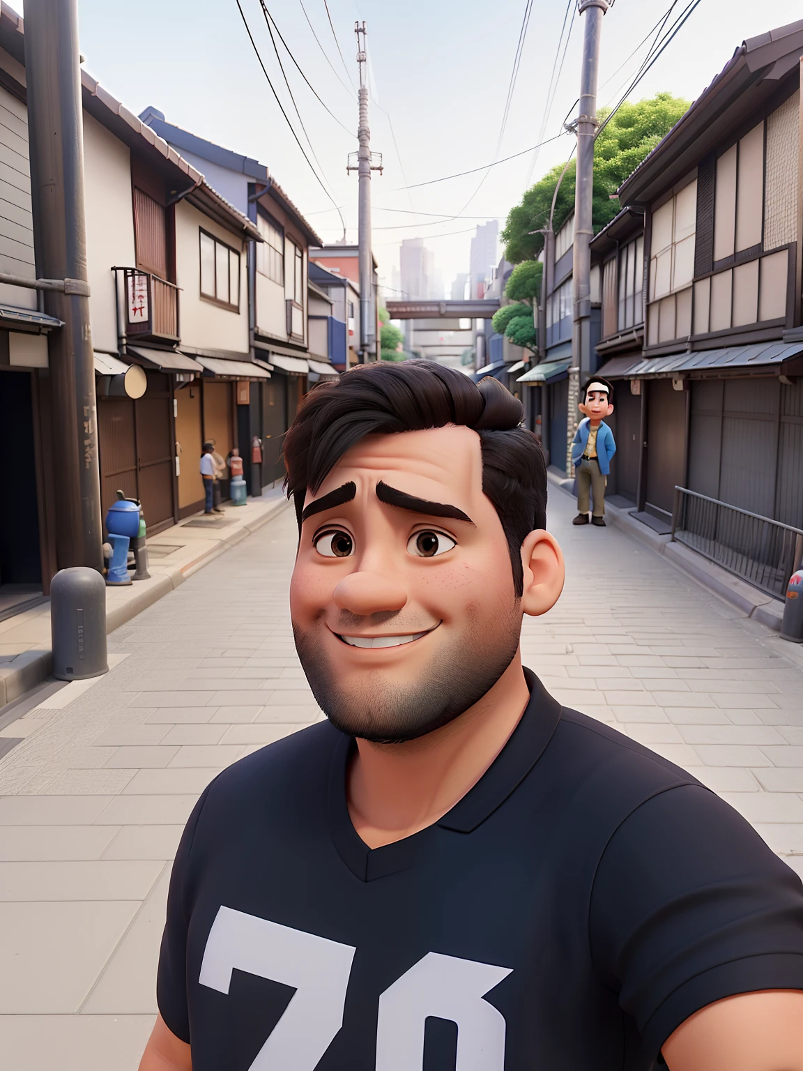a man from Arafed taking a selfie in a narrow alley with buildings, in a tokyo street, standing in a city center, in tokyo, Fotografia selfie 8k, inspired by Kanō Naizen, standing in a city street, inspired by Okamoto Tarō, 4 5 I, inspired by Kōshirō Onchi, no estilo Disney pixar em alta qualidade, melhor qualidade