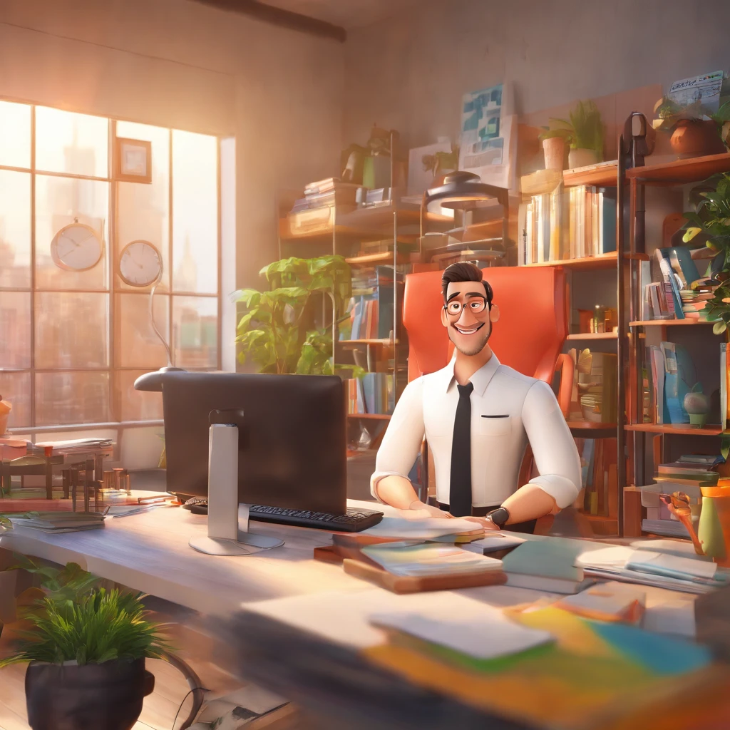 Create a Disney Pixar inspired poster with the character as a 40 year old man, Man in suit without tie smiling, Imagem 3D, 40 anos de cabelos baixos, black haired men, in an office with a notebook on the table, modern style bookshelf full of books, office window with background of various buildings,