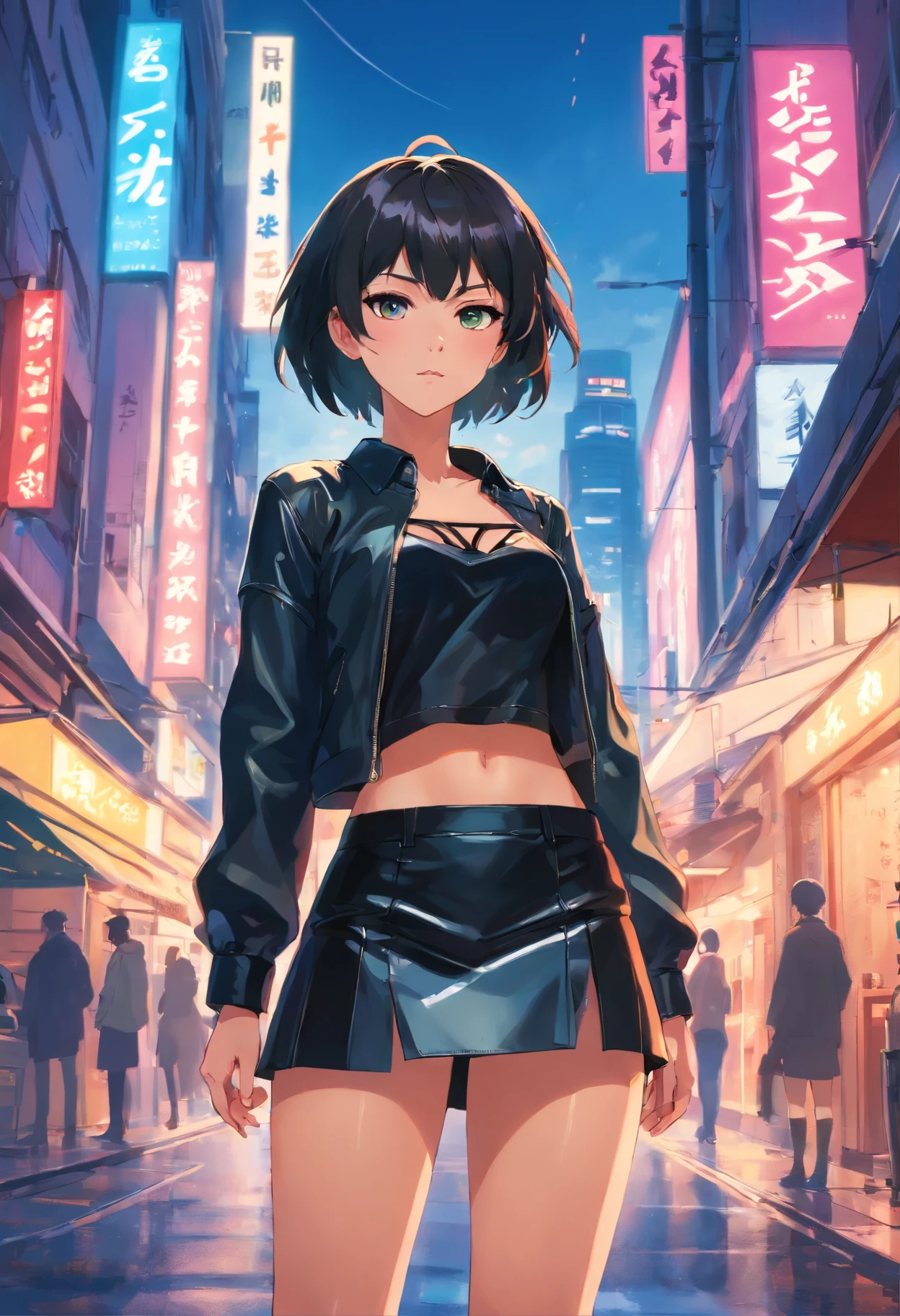 A woman in a short skirt and leather jacket standing in a city street ...