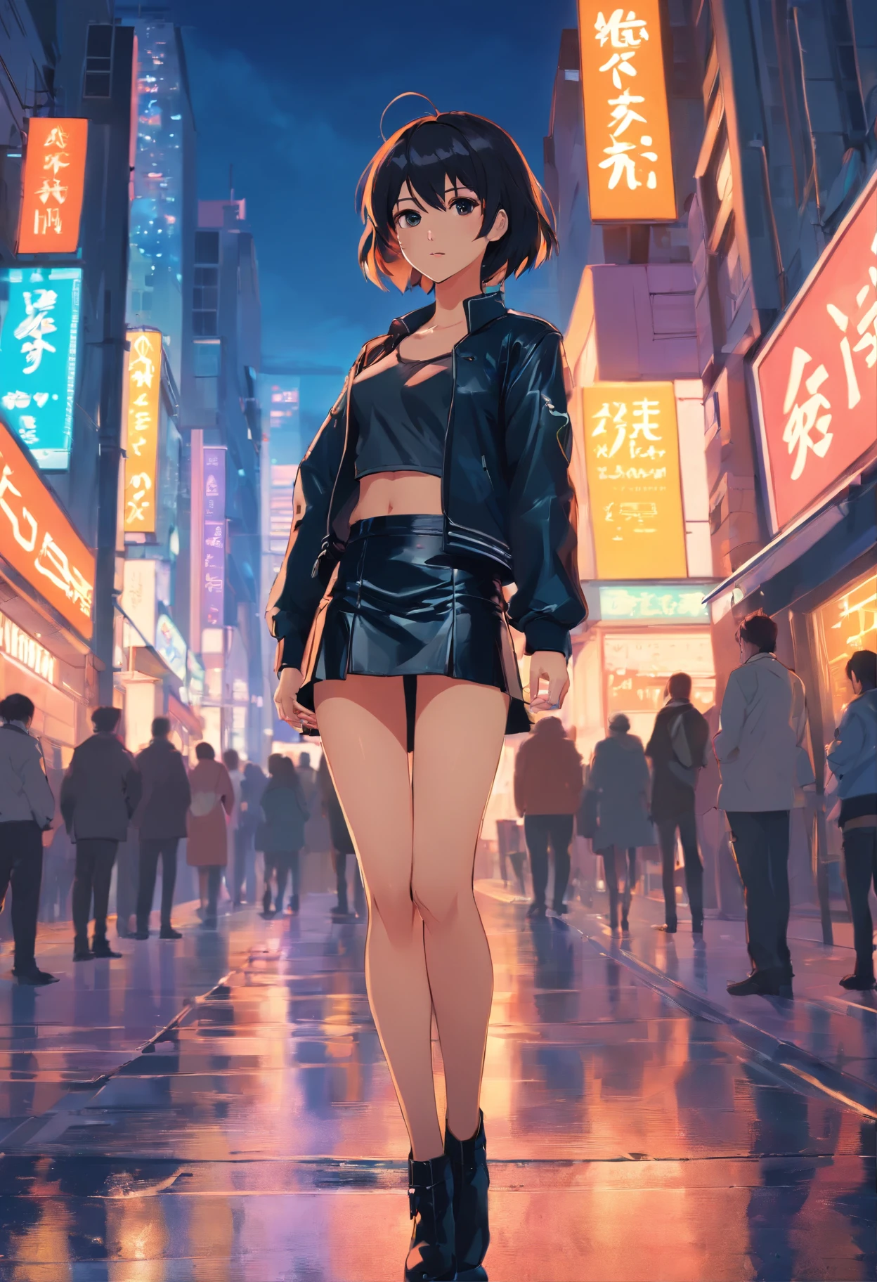 Anime girl standing on city street in leather skirt and black erotic lingerie, Ilya Kuvshinov de cabelos compridos, Arte estilo Guviz, Anime Art Wallpaper 8K, Guvitz at Pisif Art Station, Guwiz at Pisiv art station, arte de anime cyberpunk