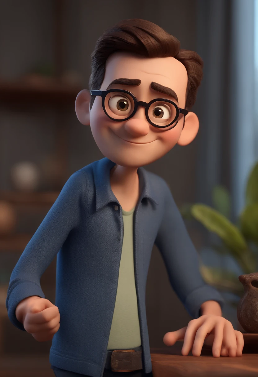Cartoon character of a man with black glasses and a blue shirt, animation character, Caractere estilizado, animation style rendering, 3D estilizado, Arnold Maya render, 3 d render stylized, toon render keyshot, Personagem 3D, Personagem 3D, 3d rendering stylized, 3 d character render, personagem de desenho animado, Personagem de close up, Pose de personagem,  (Estilo Pixar) (master part:1.2) (Bokeh) (best quality) (pele detalhada) (textura detalhada) (8k) (argila) (Cinematic lighting) (foco nítido