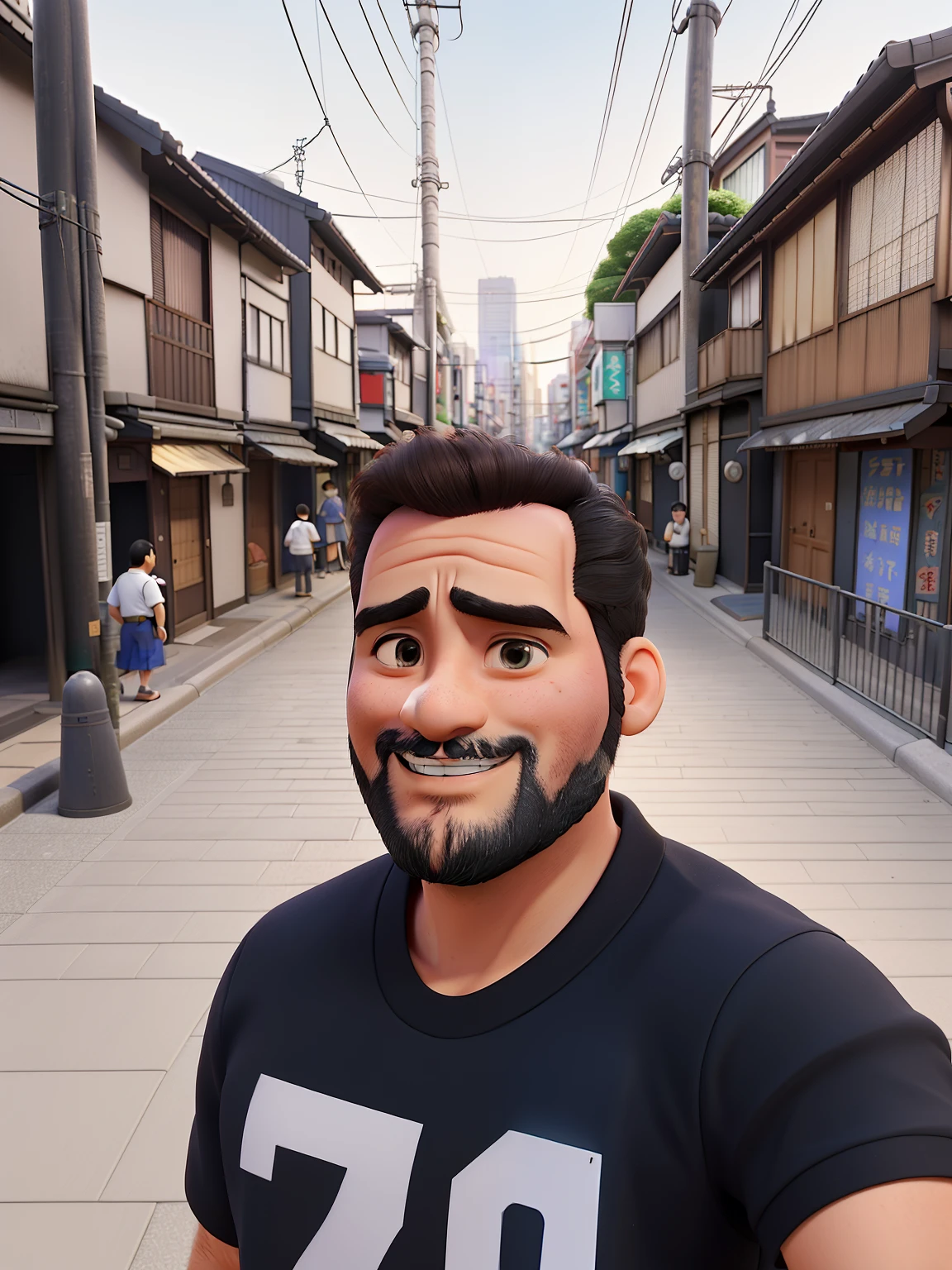 a 42-year-old bearded Arafed man taking a selfie in a narrow alley with buildings, in a tokyo street, standing in a city center, in tokyo, Fotografia selfie 8k, inspired by Kanō Naizen, standing in a city street, inspired by Okamoto Tarō, 4 5 I, inspired by Kōshirō Onchi, no estilo Disney pixar em alta qualidade, melhor qualidade, olhos em alta qualidade