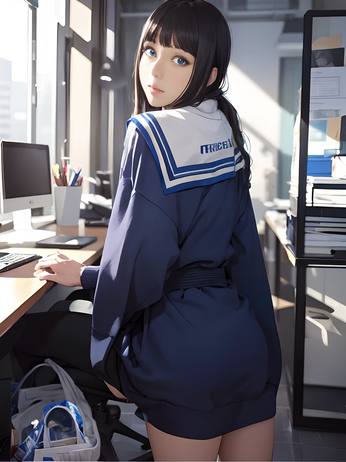 a beautiful girl with a captivating smile, vibrant hair colors, reminiscent of an anime character, viewed from behind, with intricate details, inspired by (Sazae-san, Chibi Maruko-chan, Detective Conan, Frieren and the Journey to the Beyond, One Piece). (best quality, 4k, highres, masterpiece:1.2), ultra-detailed, (realistic, photorealistic, photo-realistic:1.37), HDR, vivid colors, anime-style portrait, soft and warm lighting.