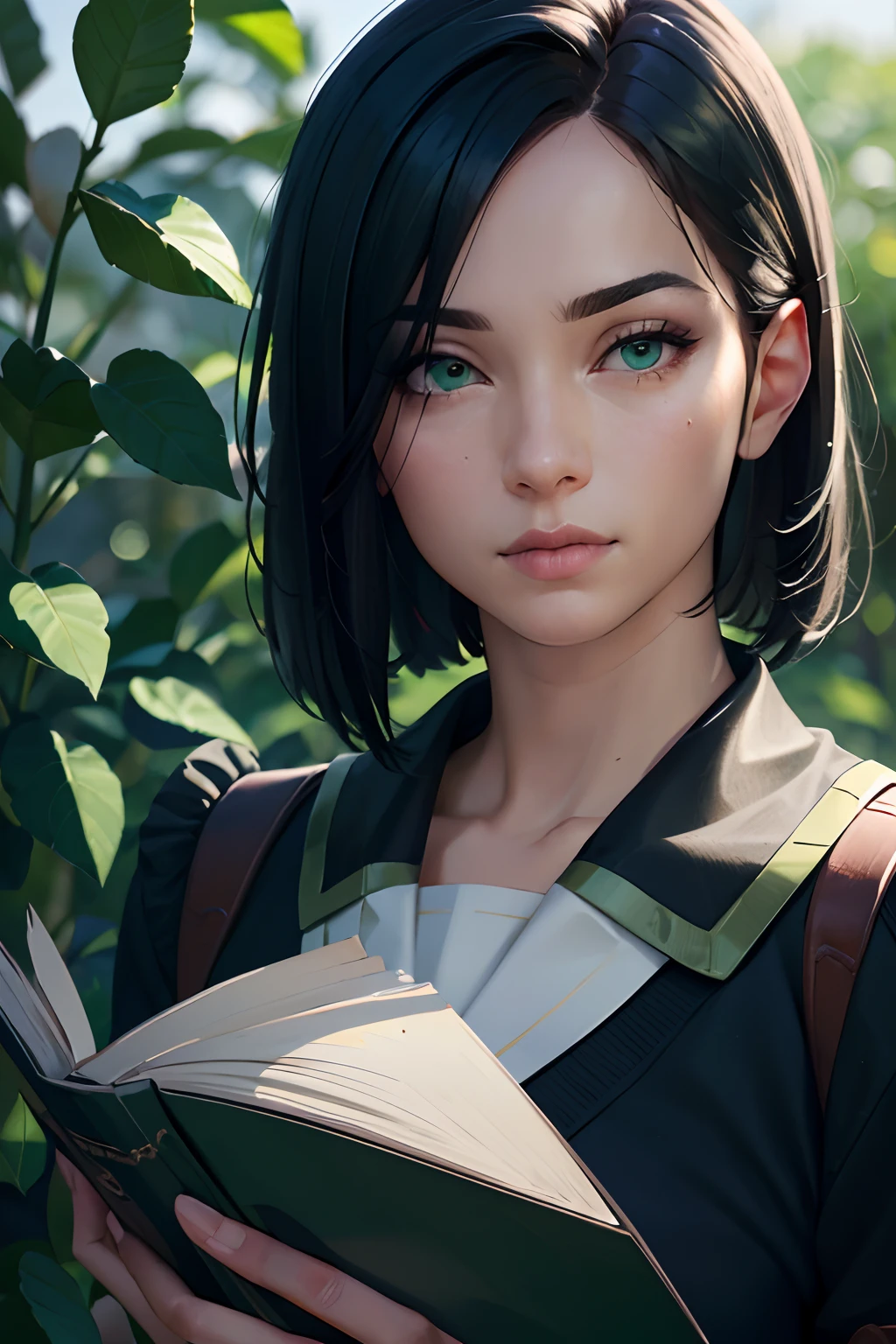 (best quality,4k,8k,highres,masterpiece:1.2),ultra-detailed,(realistic,photorealistic,photo-realistic:1.37),school uniform,1 man,sharp focus,vivid colors,professional,portrait,studio lighting,beautiful detailed eyes,beautiful detailed lips,smart appearance,dark and light contrast,book in hand,green environment,confident expression,fine fabric texture, viperValorant