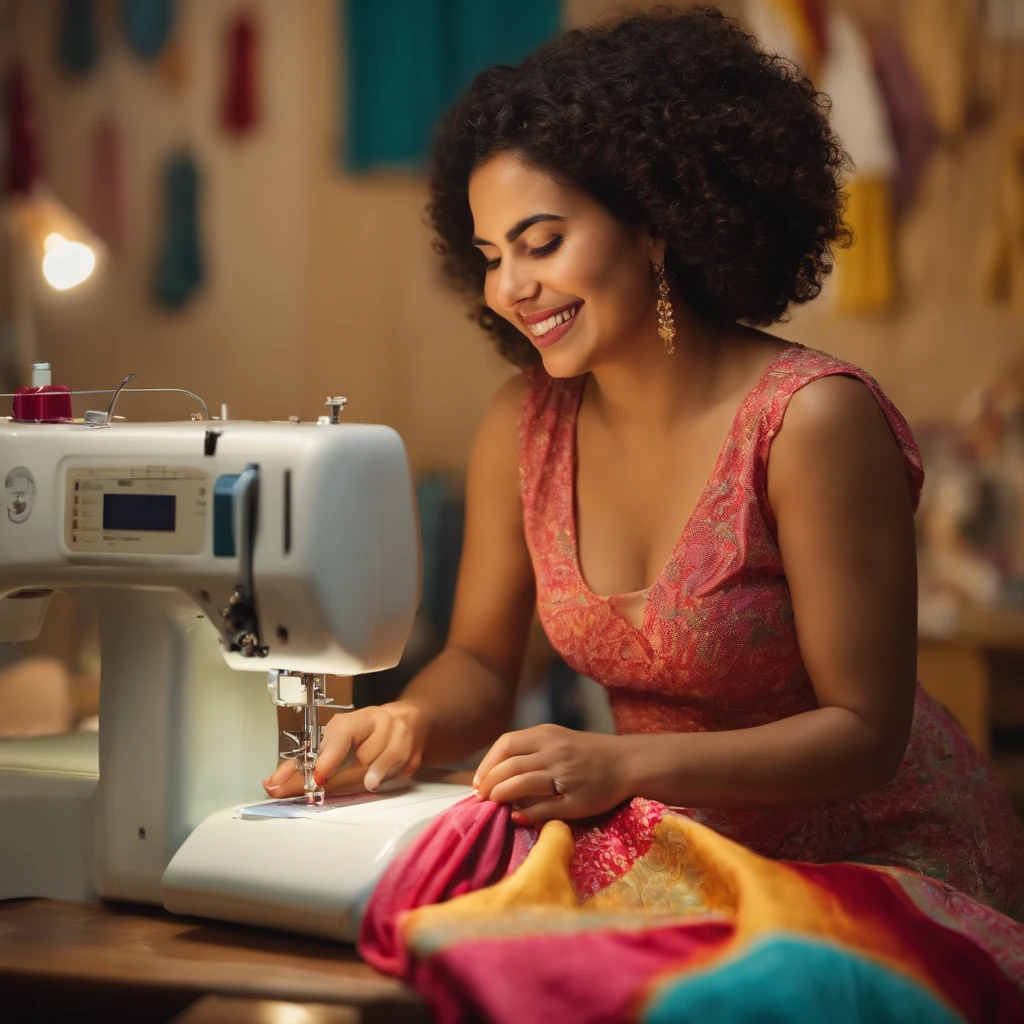 25-year-old Hispanic woman, smiling while sewing a perfect garment, shows dexterity and a lot of joy, the garments she is sewing are brightly colored and the atmosphere is cheerful, .RAW