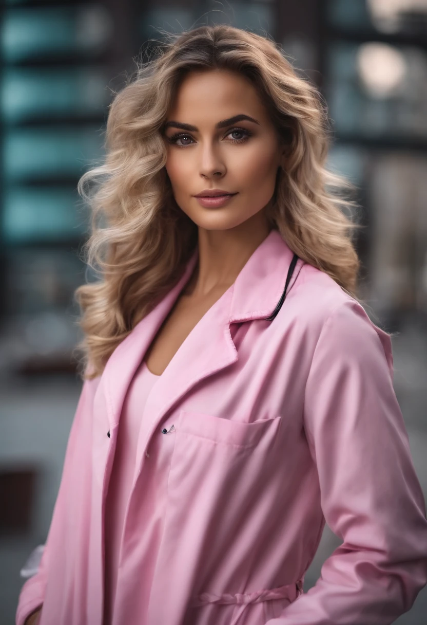 Uma bela garota de cabelo longo cacheado , Take a selfie with your lab coat and with your pink stethoscope around your neck