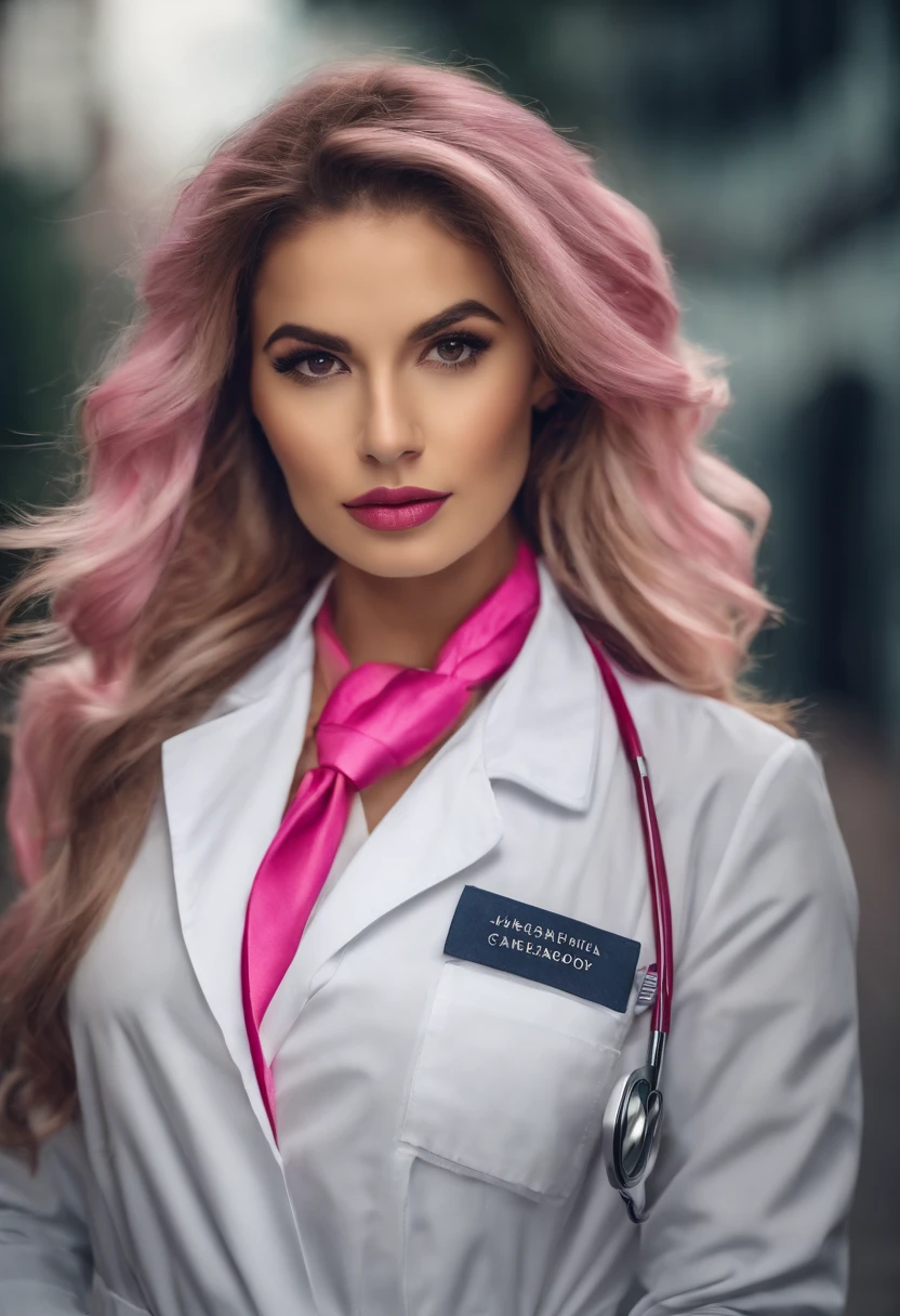 Uma bela garota de cabelo longo cacheado , Take a selfie with your lab coat and with your pink stethoscope around your neck
