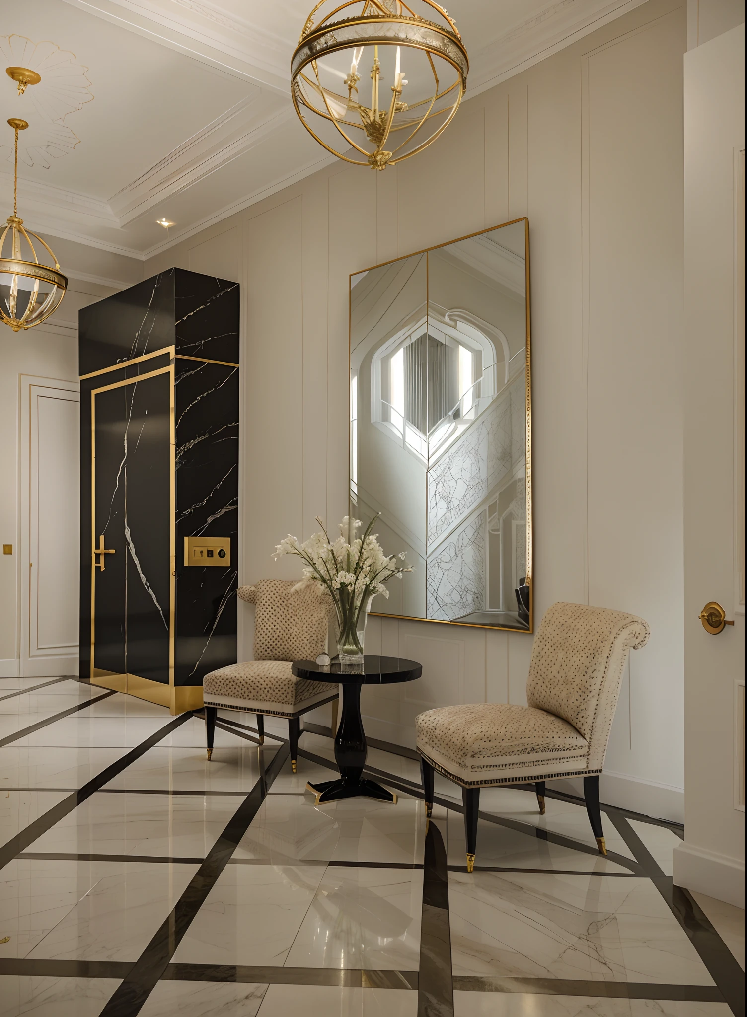 Realistic photography of a fancy hallway, black marble checkered floor with two grey armchairs, elegant and refined painting, inspired by Patrick Pietropoli, art deco interior, elegant and refined boiserie on beige walls, intricated interior design details, neoclassical style, symmetrical painting between armchairs, high quality architectural art, clean elegant painting,