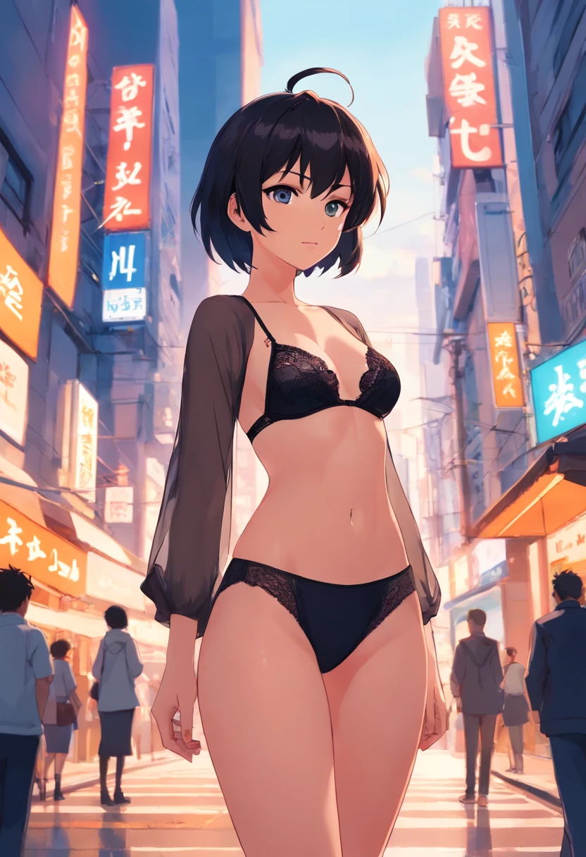 Anime girl standing on city street in panties and black erotic lingerie, Ilya Kuvshinov de cabelos compridos, Arte estilo Guviz, Anime Art Wallpaper 8K, Guvitz na empresa Pisif Art Station, Guwiz at Pisiv art station, Arte de anime cyberpunk