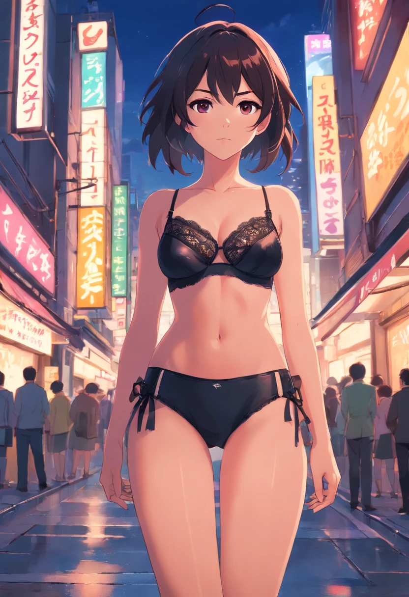 Anime girl standing on city street in panties and black erotic lingerie, Ilya Kuvshinov de cabelos compridos, Arte estilo Guviz, Anime Art Wallpaper 8K, Guvitz na empresa Pisif Art Station, Guwiz at Pisiv art station, Arte de anime cyberpunk